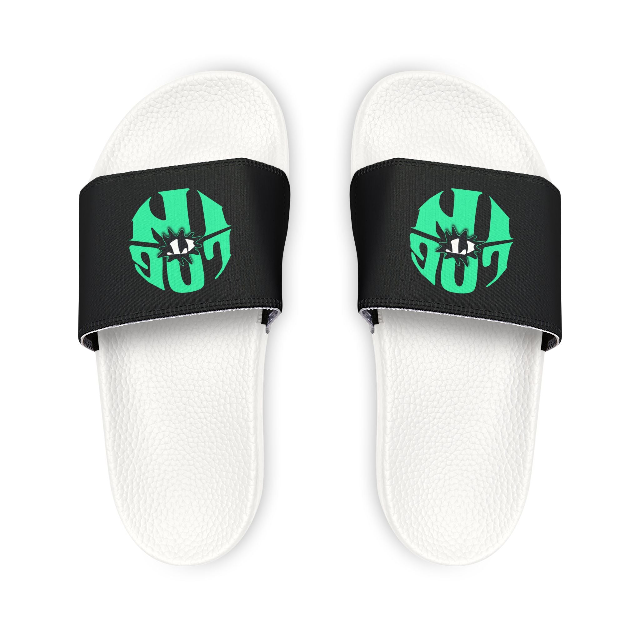 Slide Sandals — Women's White Removable-Strap Slides with Aqua Log it in