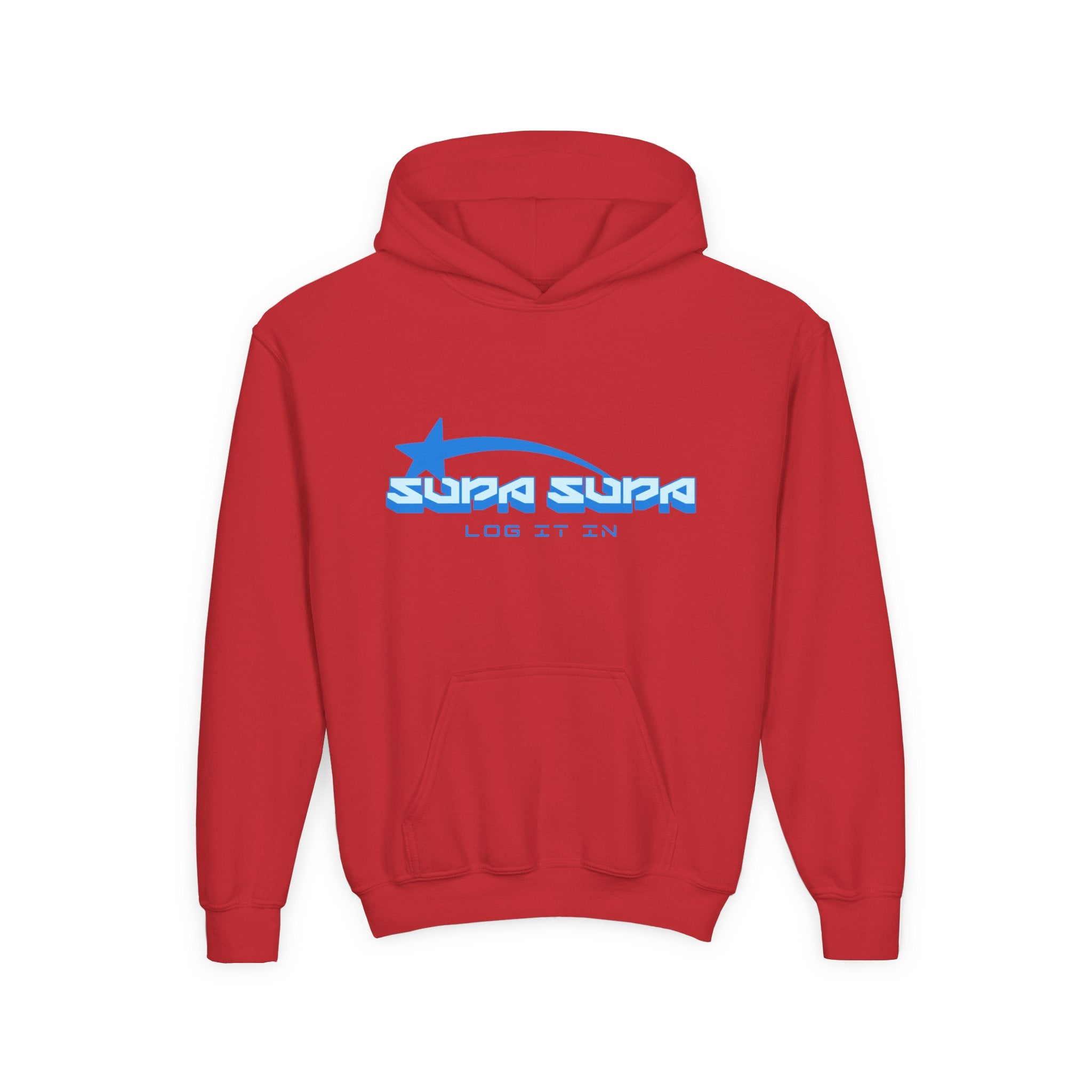 Youth Hoodie - Retro Blue "Supa Supa" Logo "Log It In" Graphic