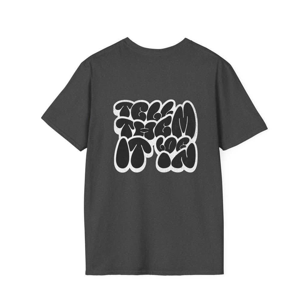Abstract Bubble Letter Graphic "LOG IT IN" T-Shirt — Vintage Black Text Design