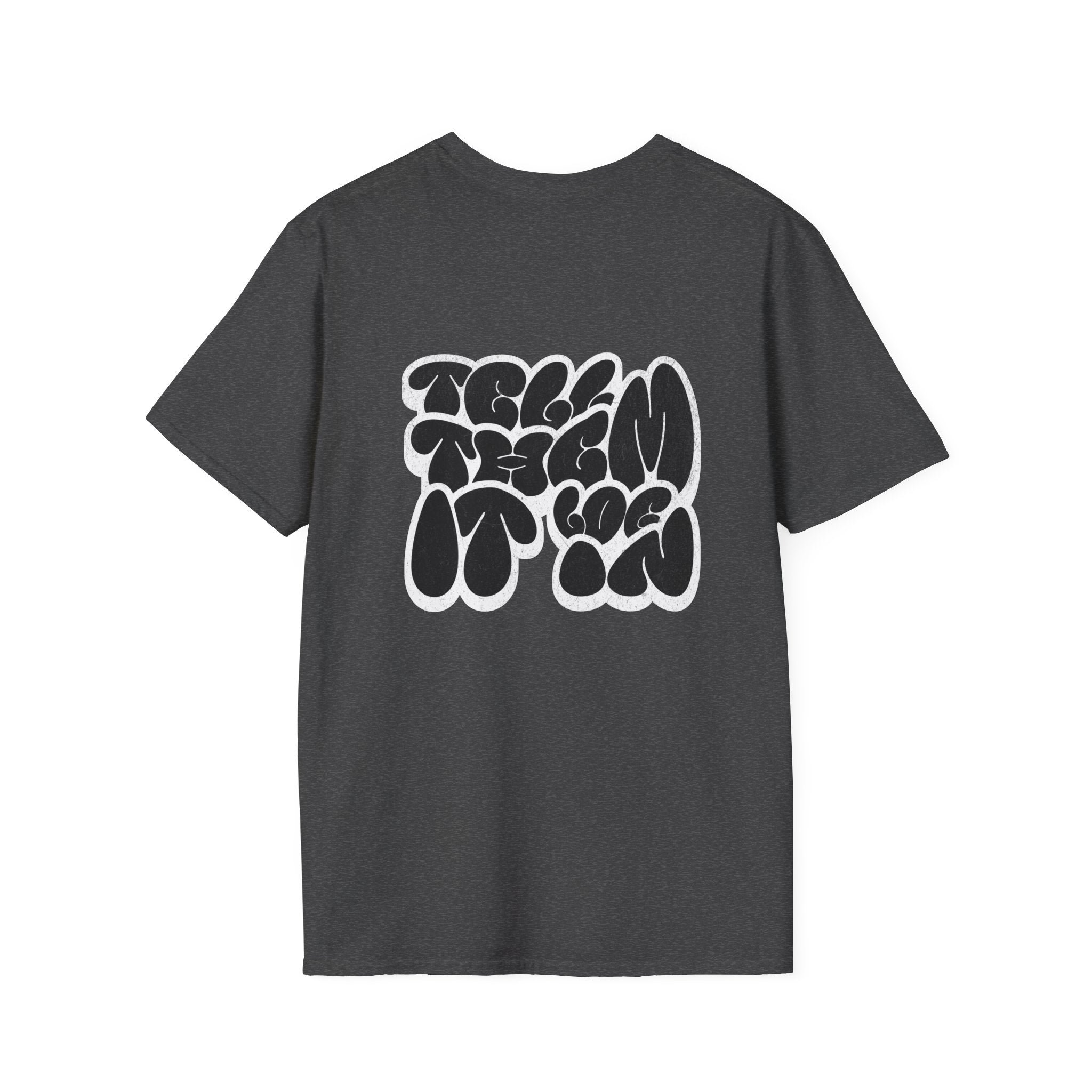 Abstract Bubble Letter Graphic "LOG IT IN" T-Shirt — Vintage Black Text Design