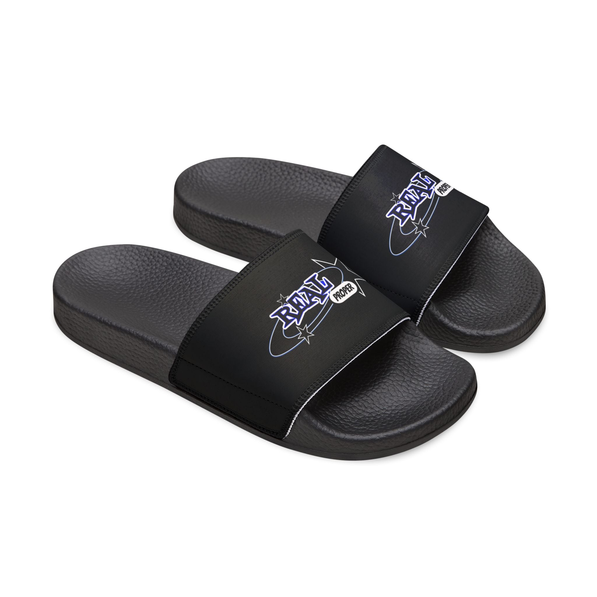 Youth Slide Sandals — Black Removable-Strap Slides with 'Real Proper' Graphic