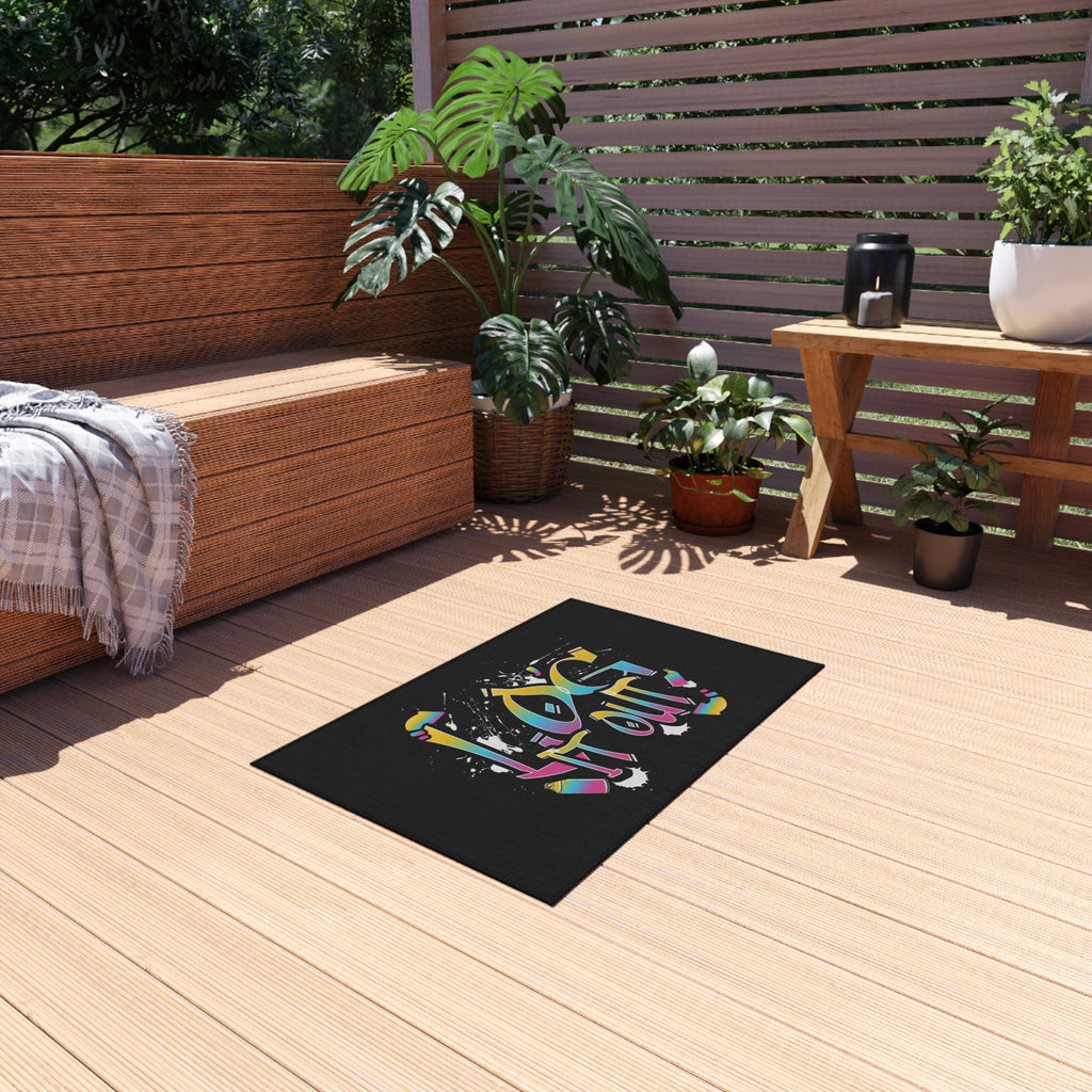 Outdoor Rug — "Log It Out" Graffiti-Style Patio Mat