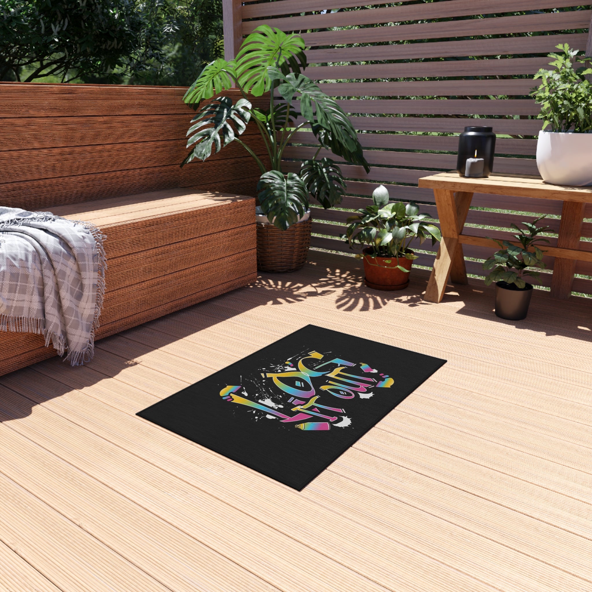 Outdoor Rug — "Log It Out" Graffiti-Style Patio Mat