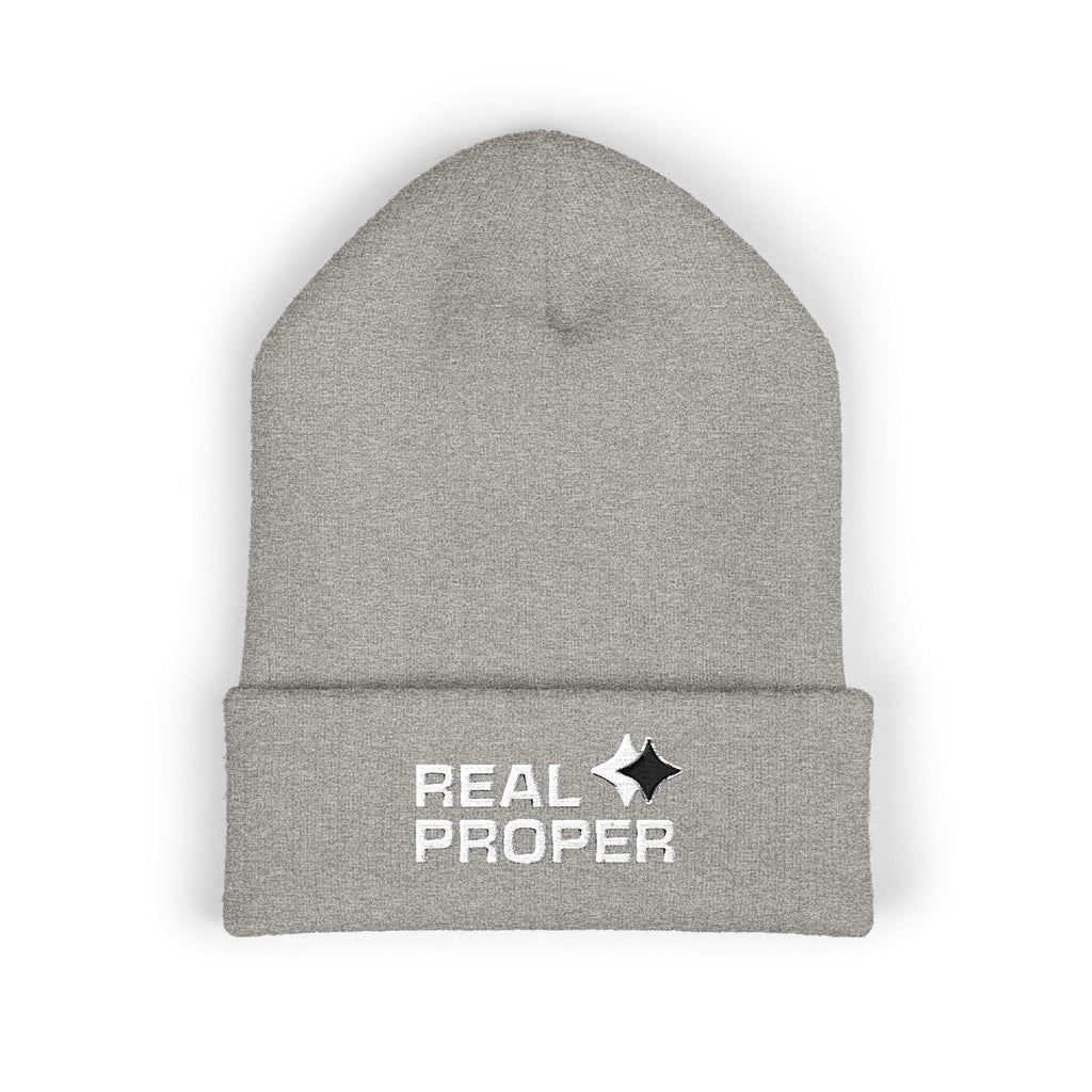 Embroidered 'Real Proper' Cuffed Beanie — Warm Knit Hat for Streetwear & Gifts