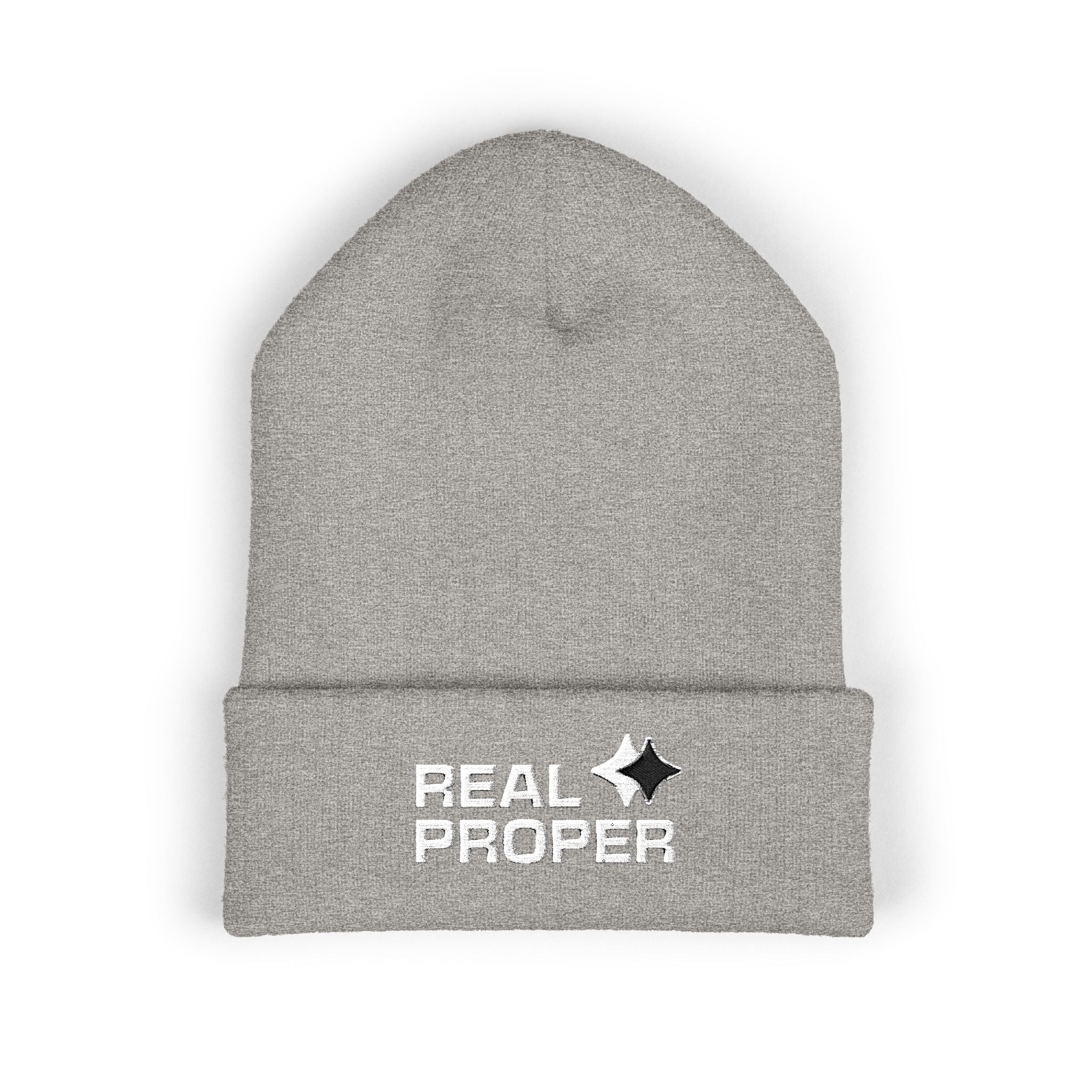 Embroidered 'Real Proper' Cuffed Beanie — Warm Knit Hat for Streetwear & Gifts
