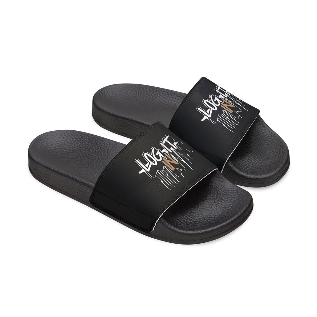 Men's Slide Sandals — Black Log it in-Print Casual Pool & Beach Slides