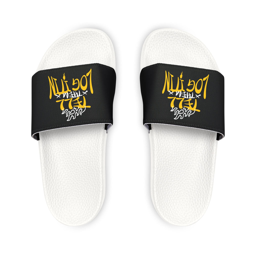 Slide Sandals — Black Straps with Yellow Graffiti "Tell em Log it in" Design