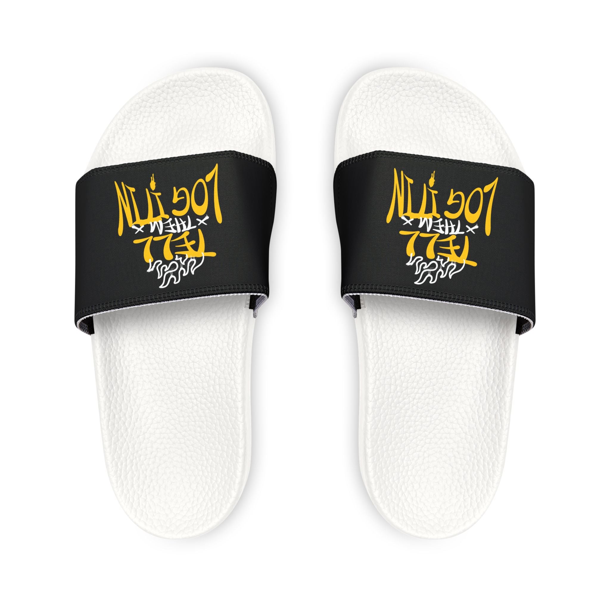 Slide Sandals — Black Straps with Yellow Graffiti "Tell em Log it in" Design