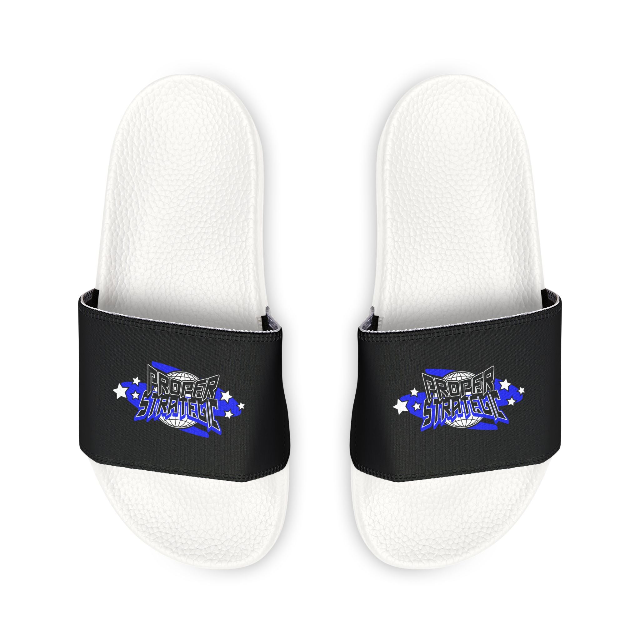 Women’s Black Strap Slides with 'Strategic' Graphic – Removable Strap Sandals