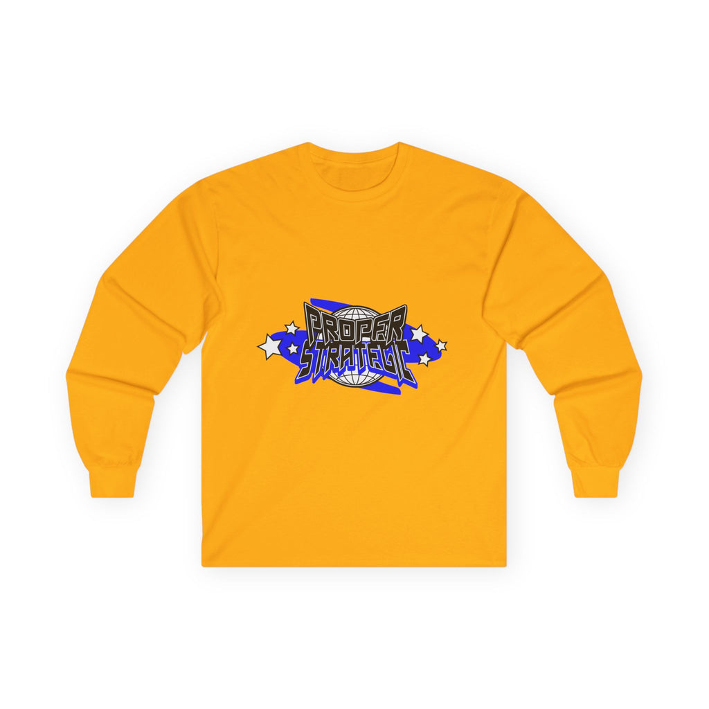 Proper Strategic Long Sleeve Tee — Retro Blue Graphic Shirt for Gamers & Strategists
