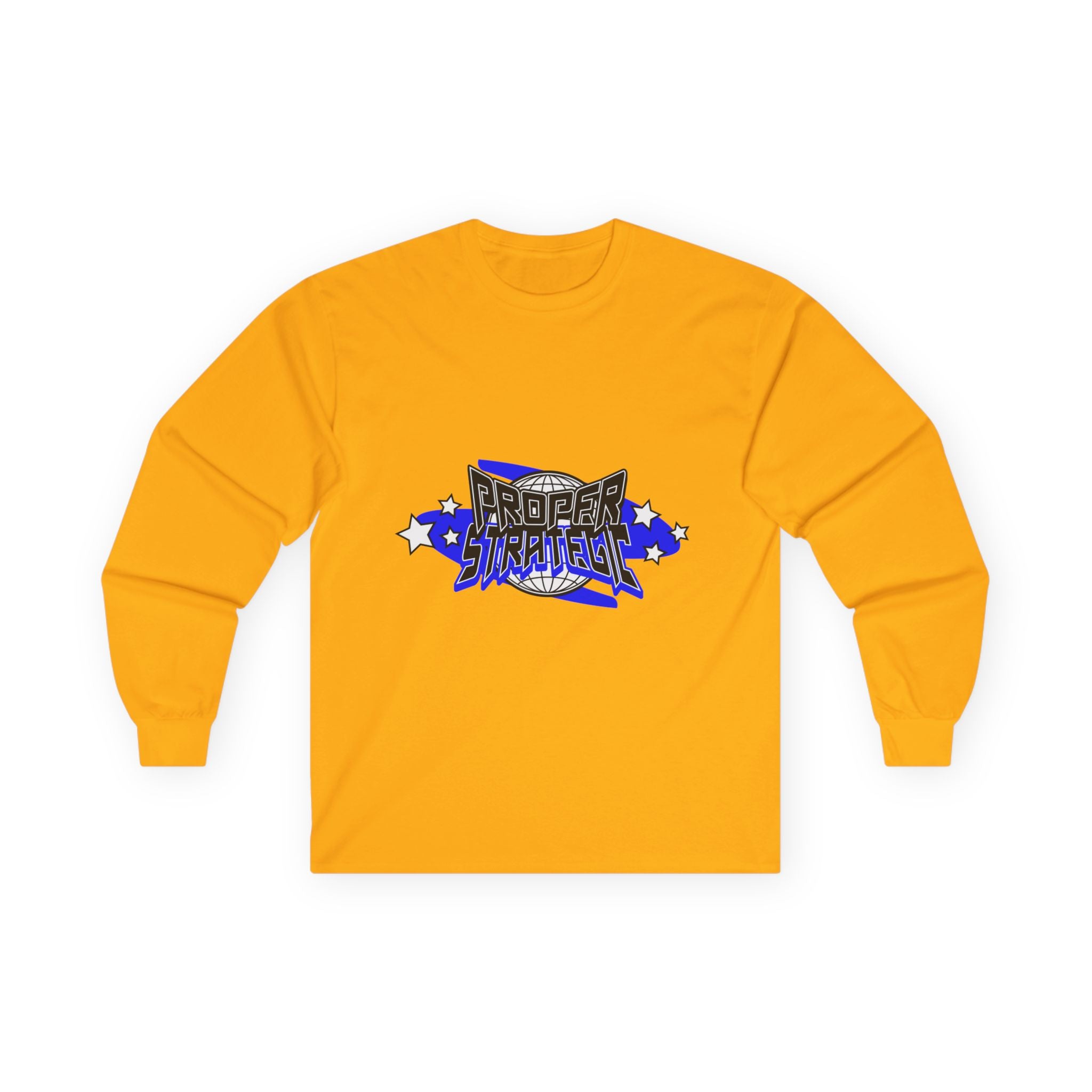 Proper Strategic Long Sleeve Tee — Retro Blue Graphic Shirt for Gamers & Strategists