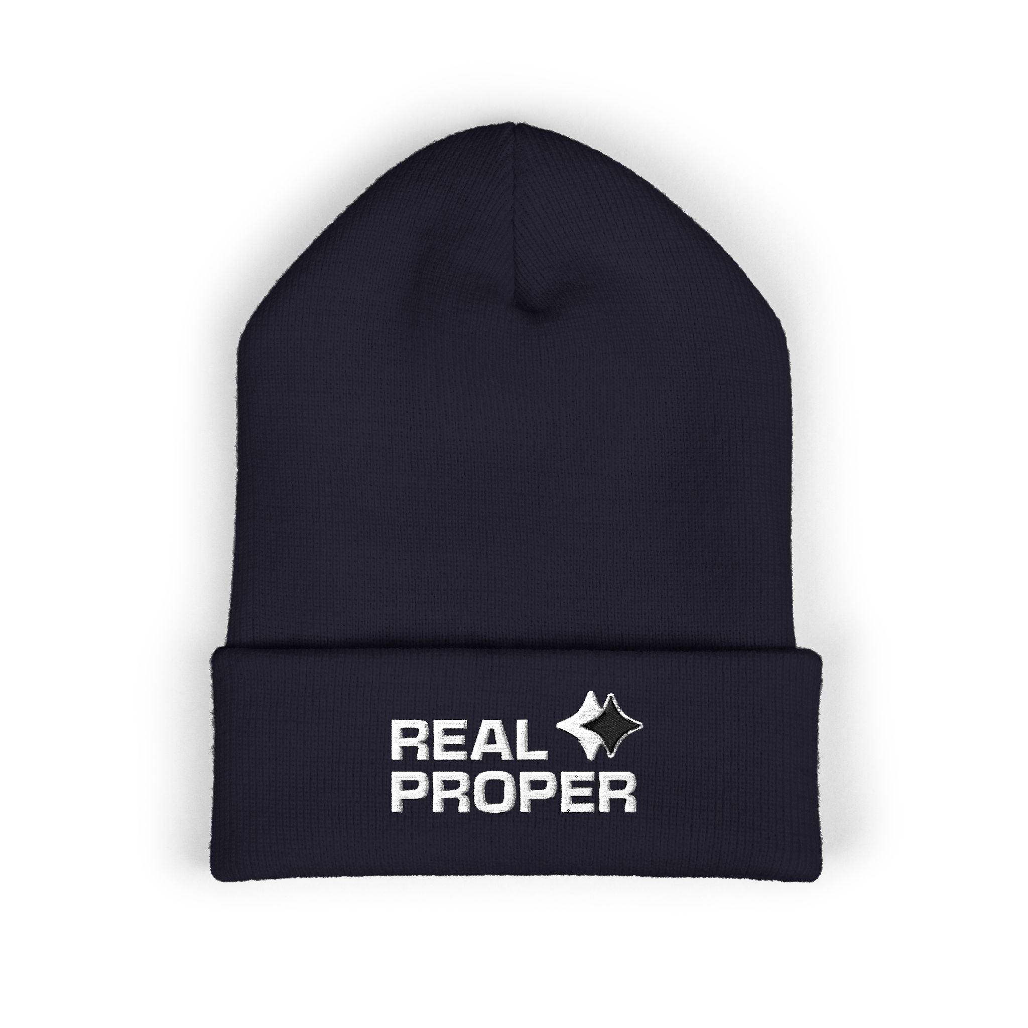 Embroidered 'Real Proper' Cuffed Beanie — Warm Knit Hat for Streetwear & Gifts