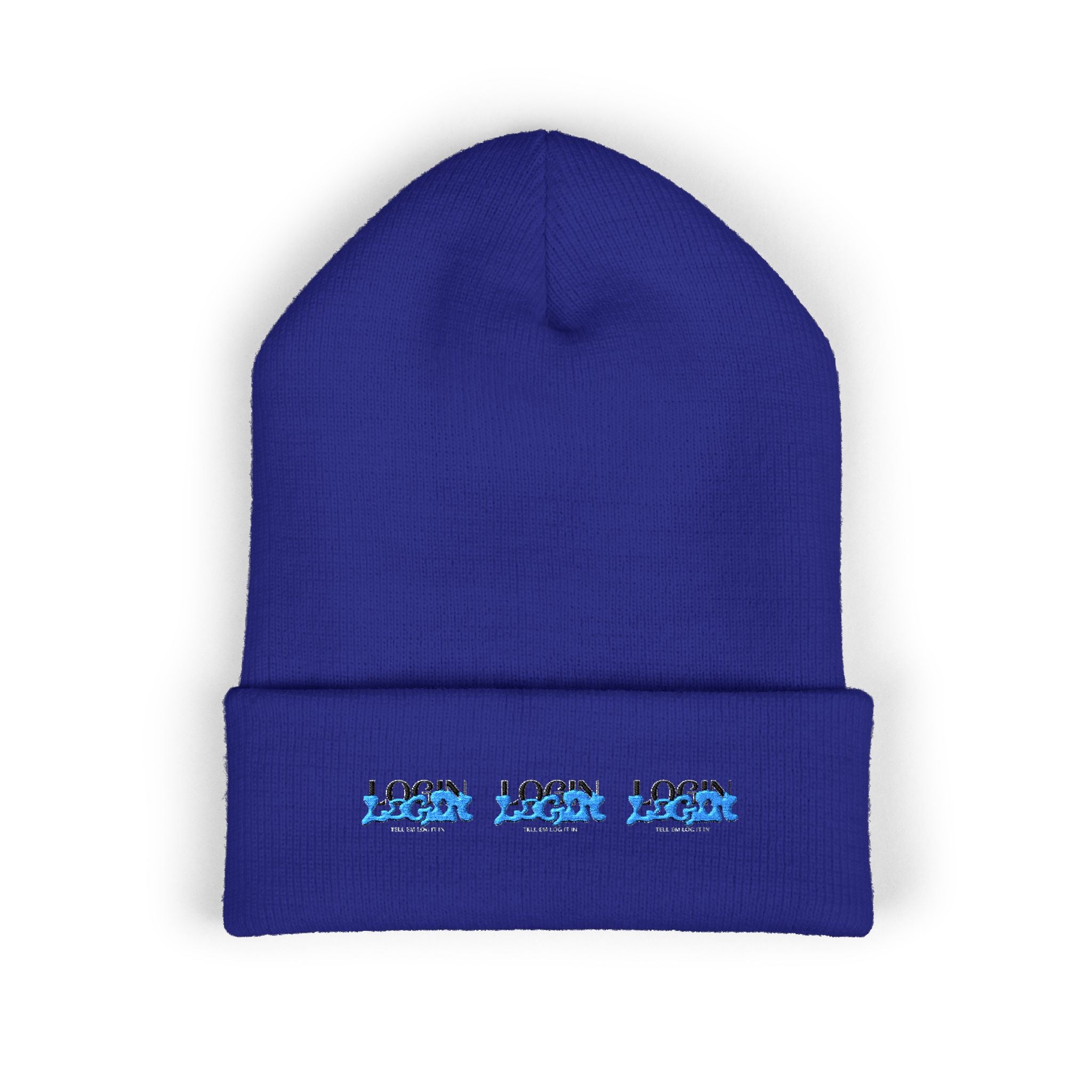 Embroidered 'Login' Cuffed Beanie — Minimal Winter Knit Hat