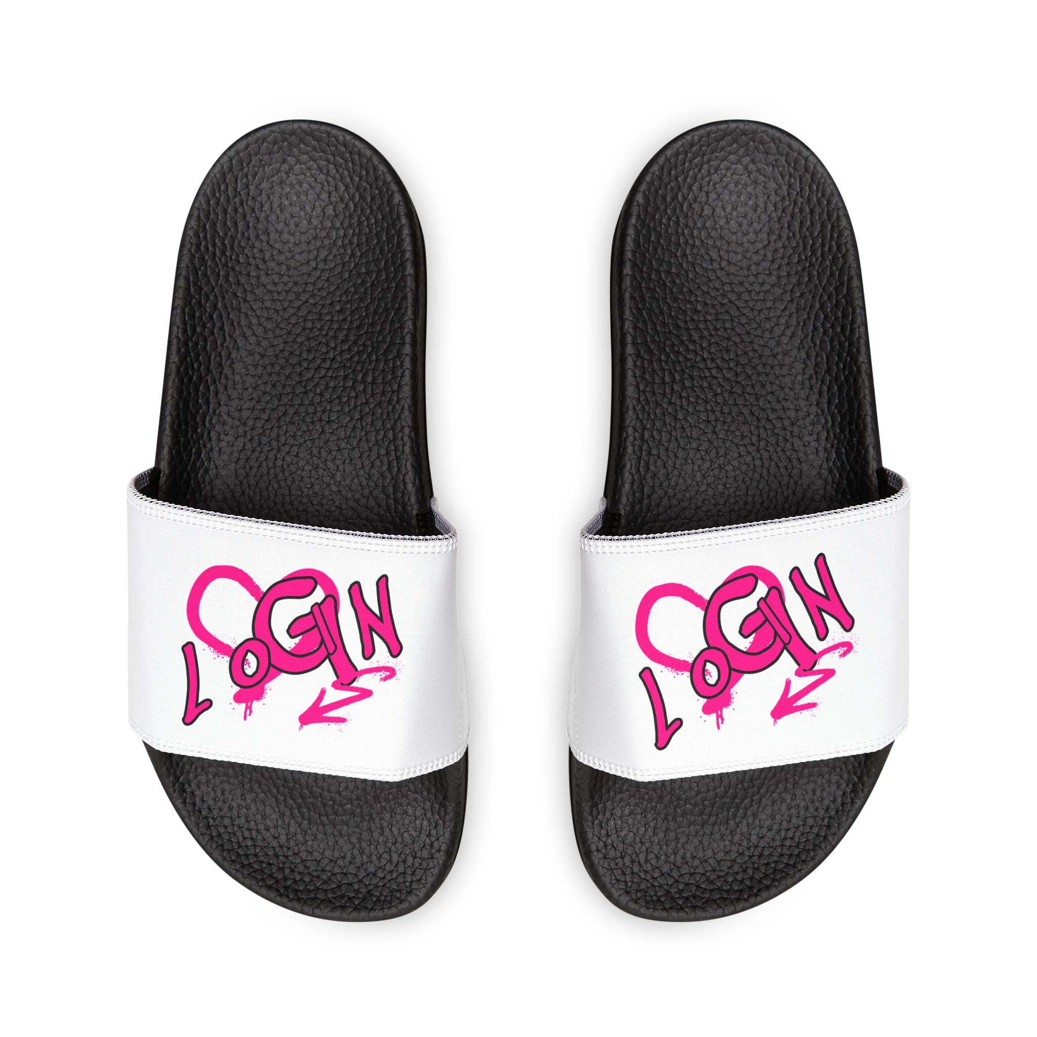 Women's Slide Sandals — White Removable-Strap Slides with Pink Graffiti "LOGIN" Design