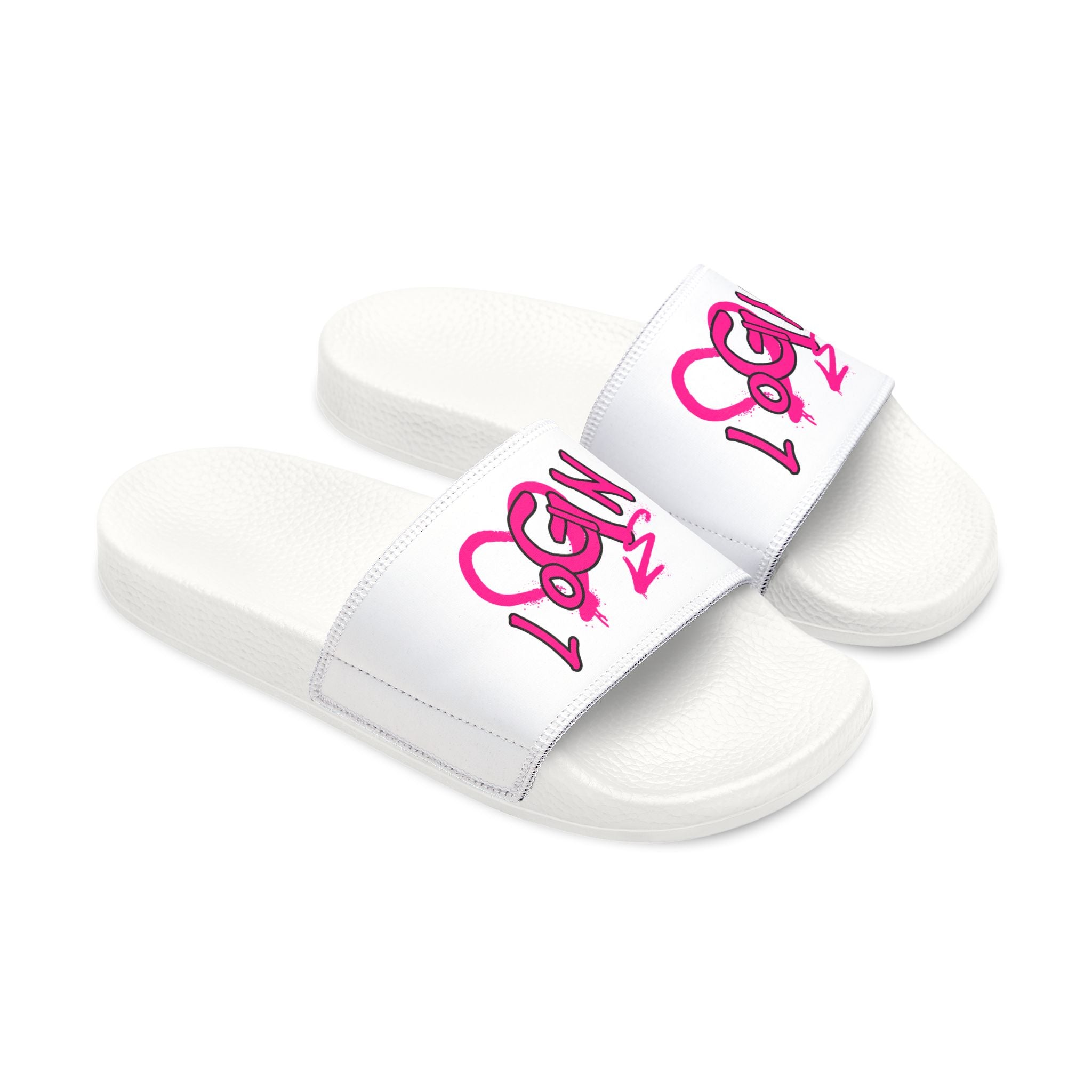 Women's Slide Sandals — White Removable-Strap Slides with Pink Graffiti "LOGIN" Design