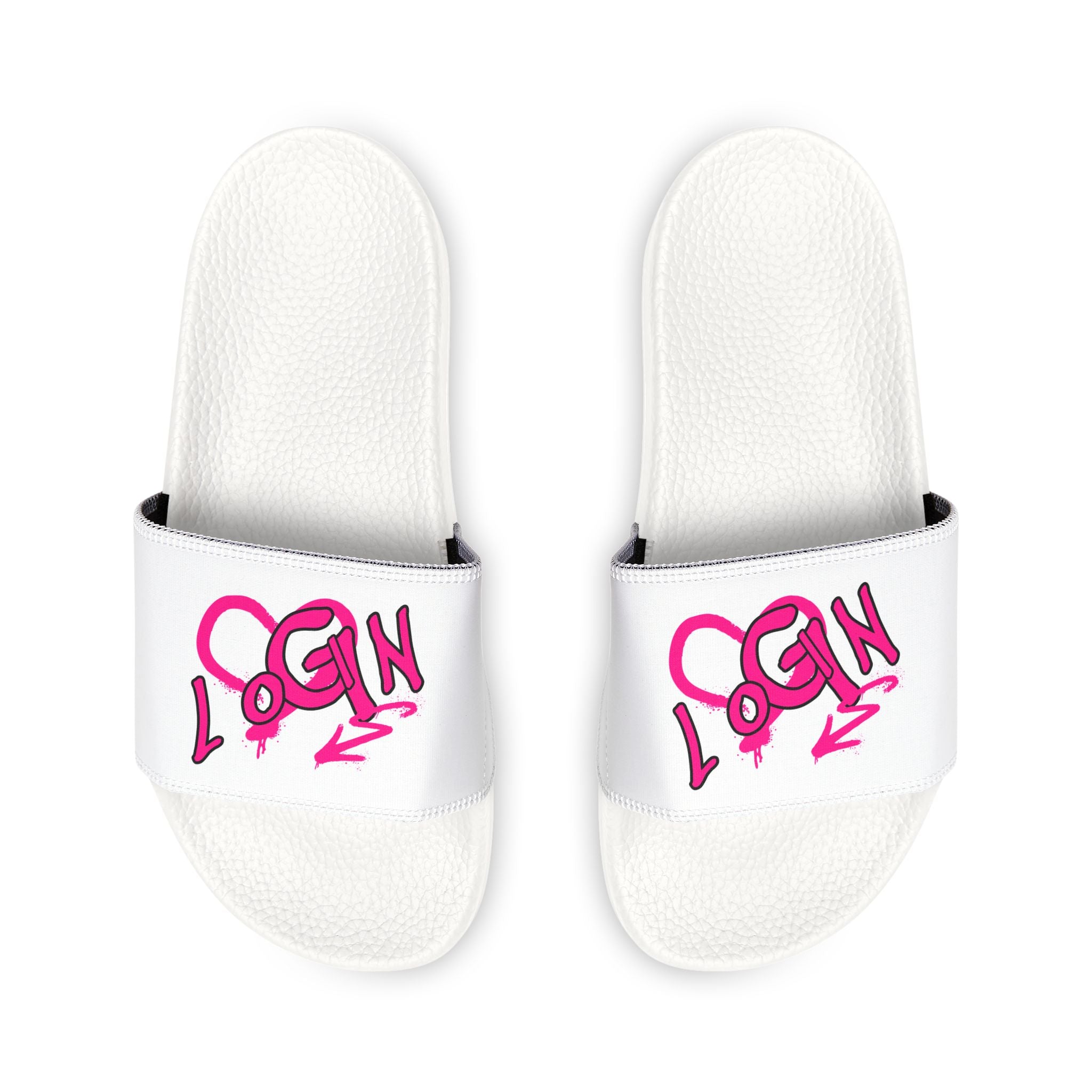 Women's Slide Sandals — White Removable-Strap Slides with Pink Graffiti "LOGIN" Design