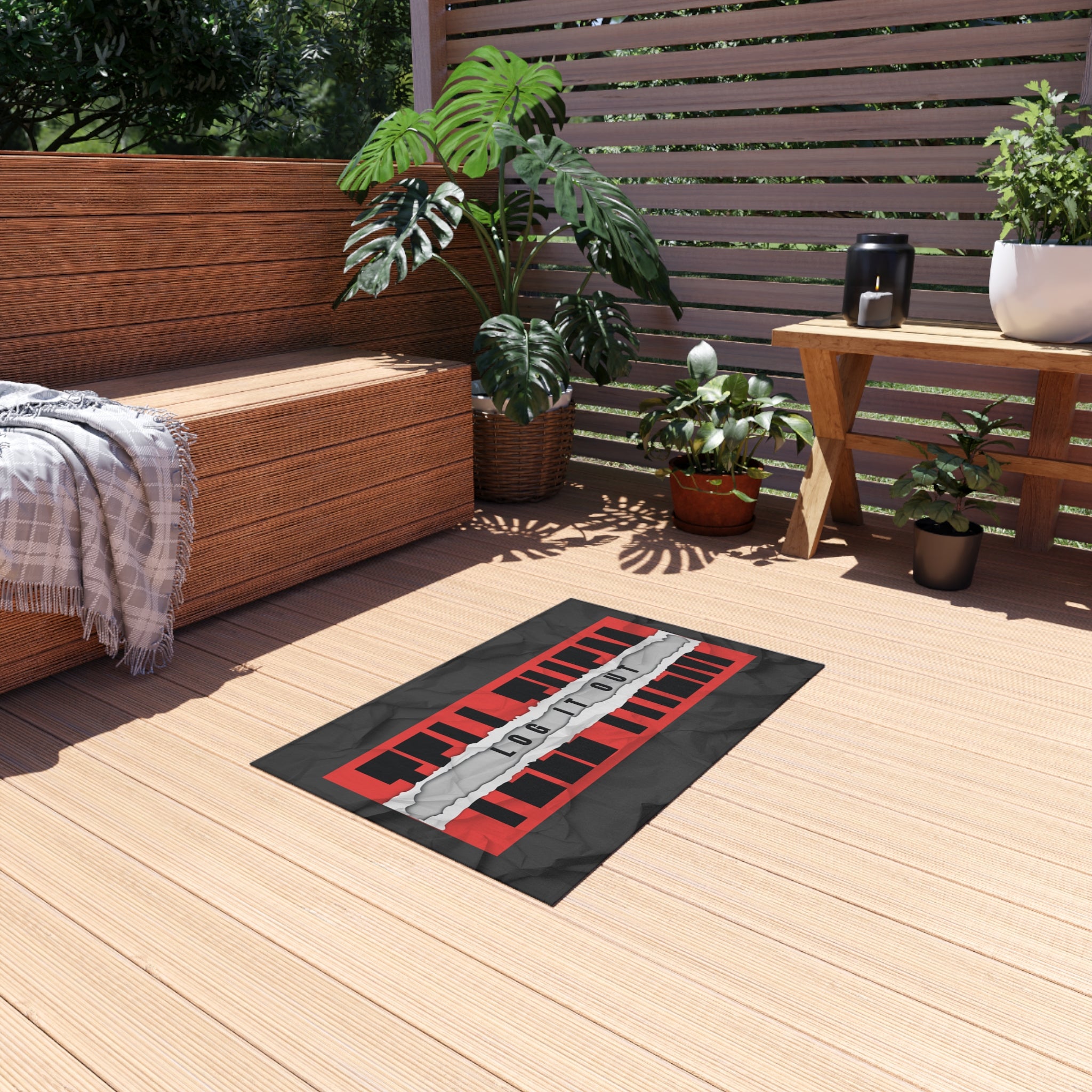 Outdoor Rug — 'Log It Out' Bold Graphic Welcome Mat