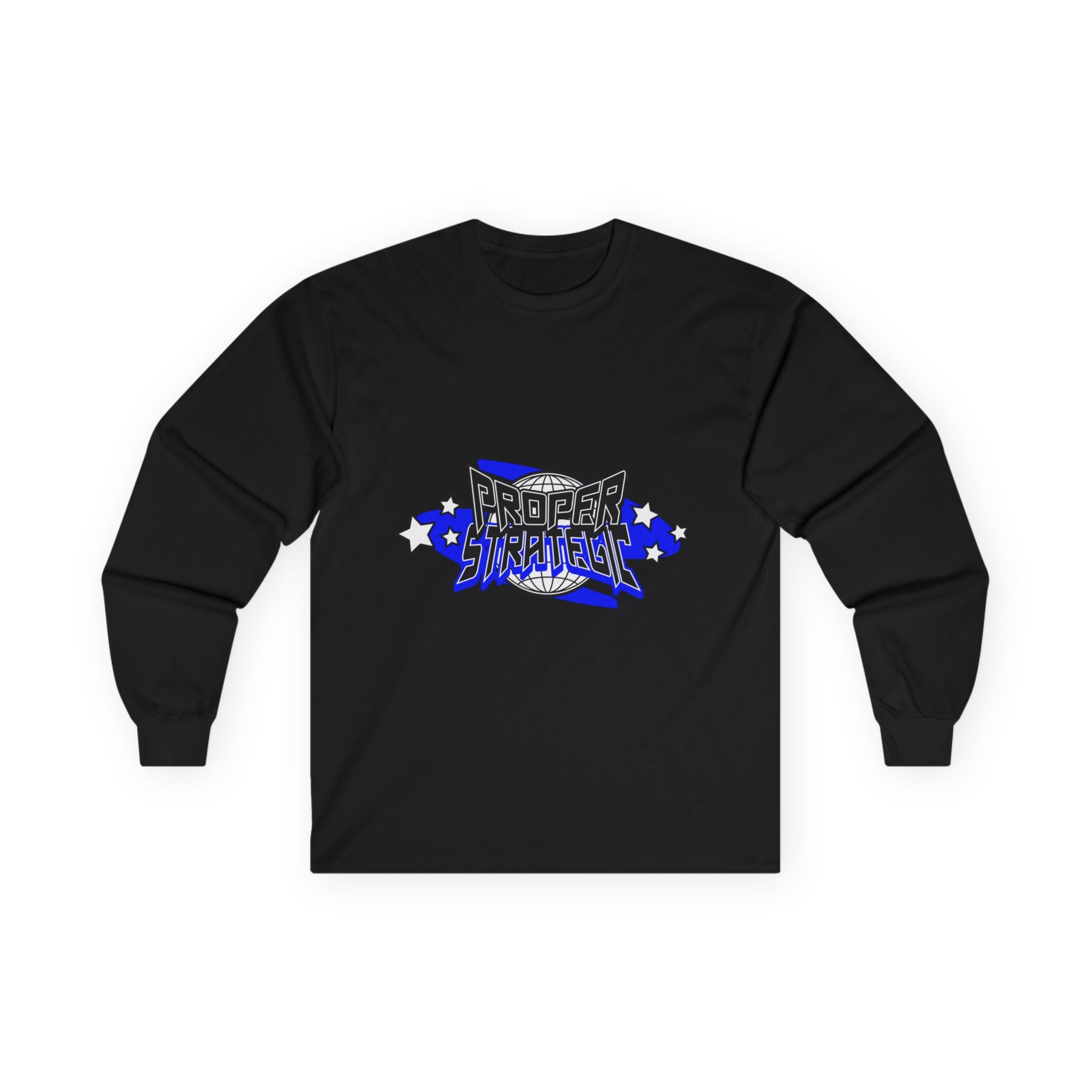 Proper Strategic Long Sleeve Tee — Retro Blue Graphic Shirt for Gamers & Strategists