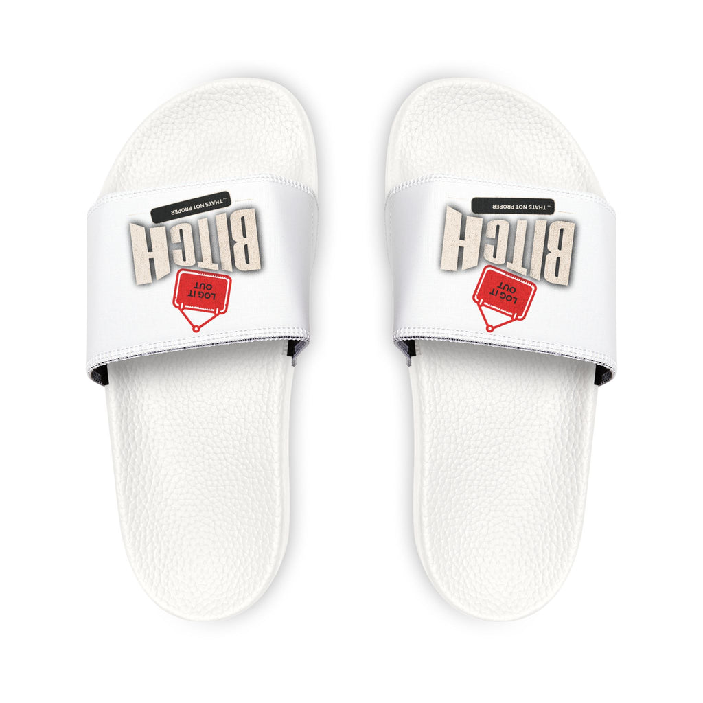 Women’s Slide Sandals — Removable-Strap White Slides with 'Log it out' Badge Accent