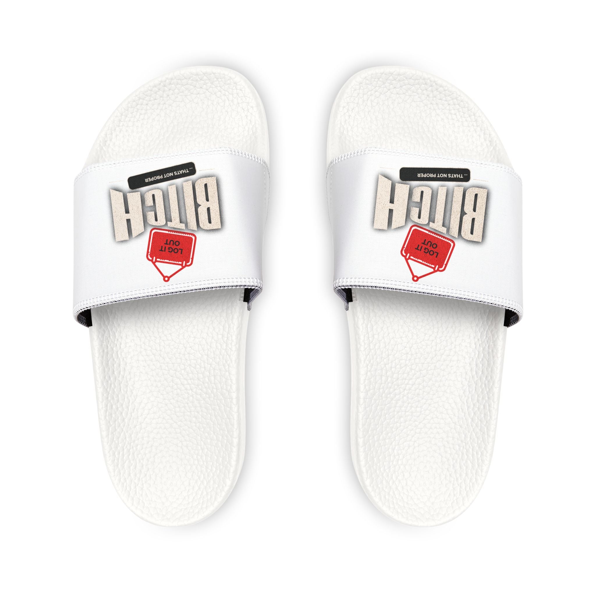 Women’s Slide Sandals — Removable-Strap White Slides with 'Log it out' Badge Accent