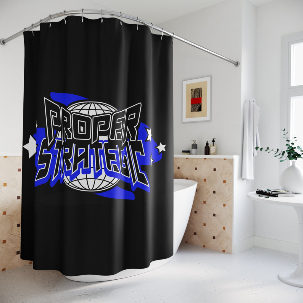 Proper Strategic Shower Curtain — Bold Retro Globe Graphic Bathroom Decor