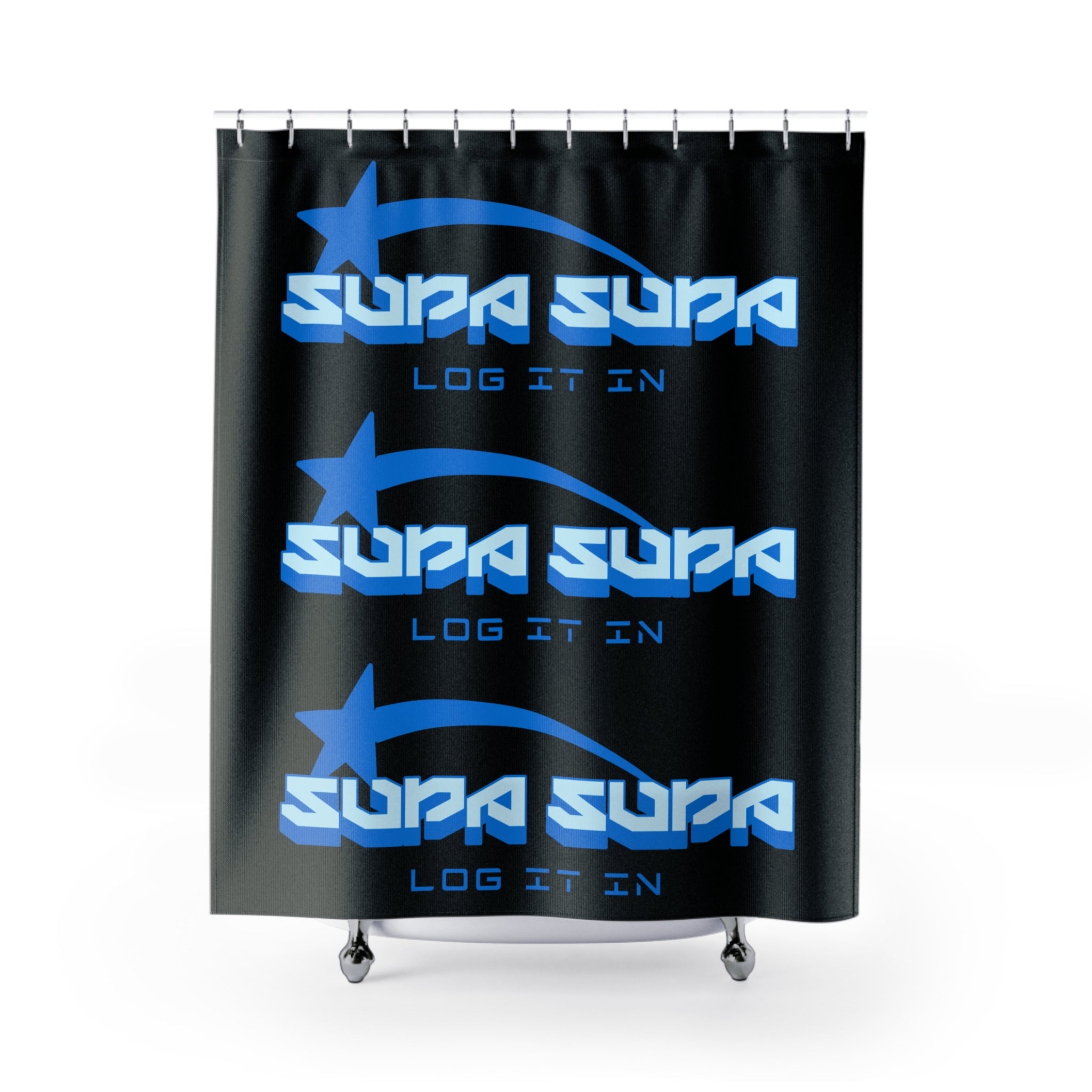 Supa Supa 'Log It In' Graphic Shower Curtain — Blue Retro Gamer Bathroom Decor