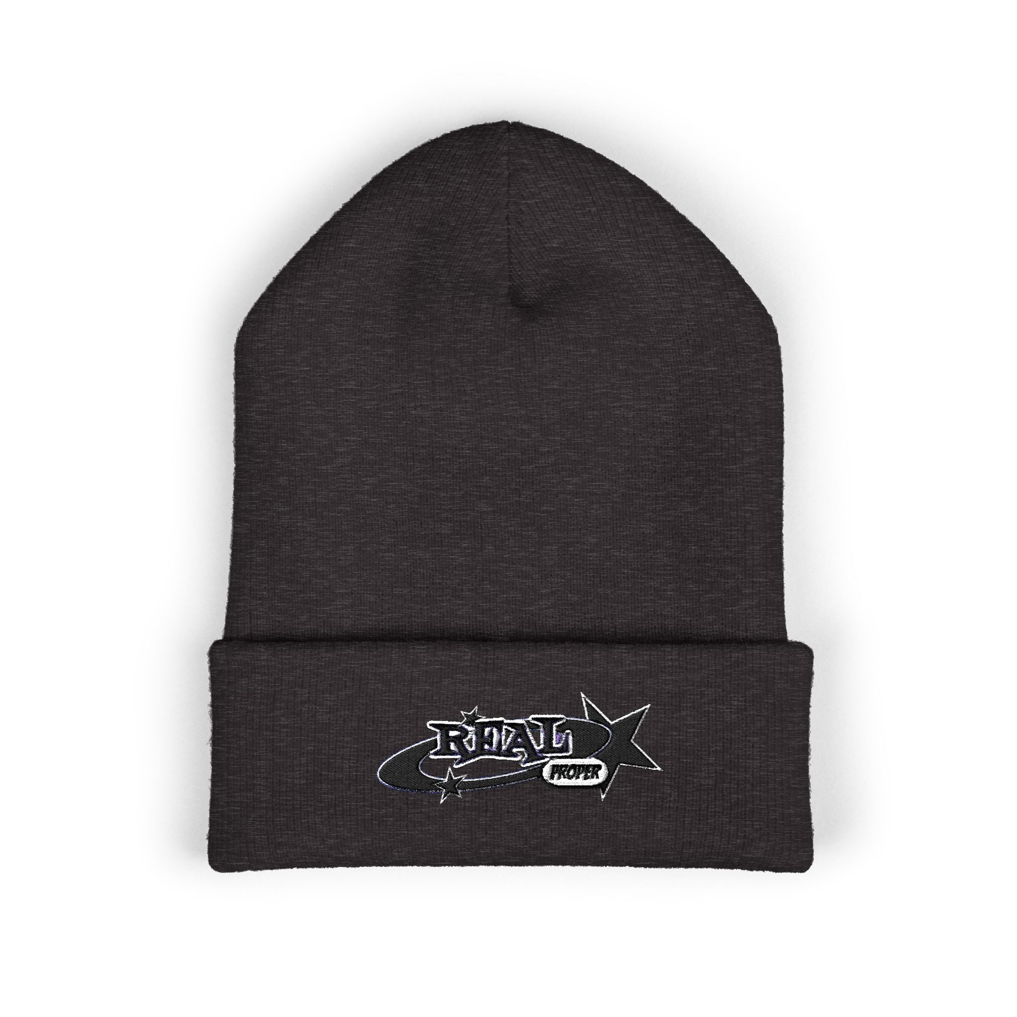 Embroidered 'Real Properl' Star Cuffed Beanie — Classic Winter Knit Hat