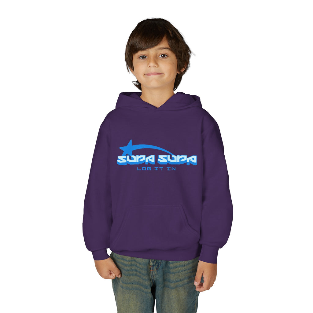 Youth Hoodie - Retro Blue "Supa Supa" Logo "Log It In" Graphic