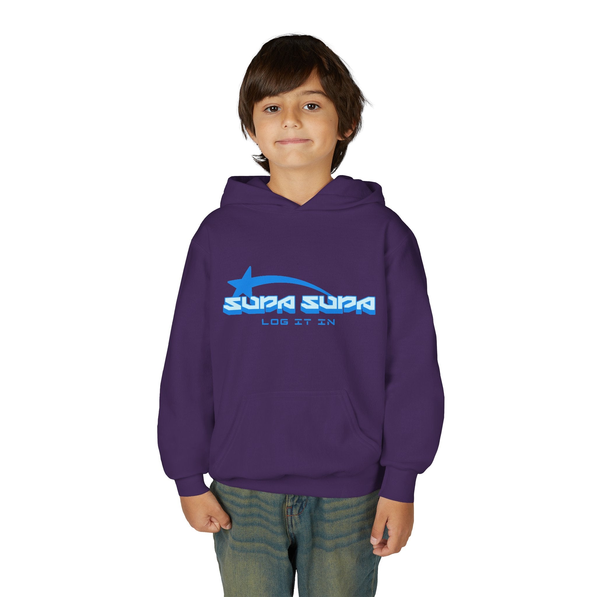 Youth Hoodie - Retro Blue "Supa Supa" Logo "Log It In" Graphic