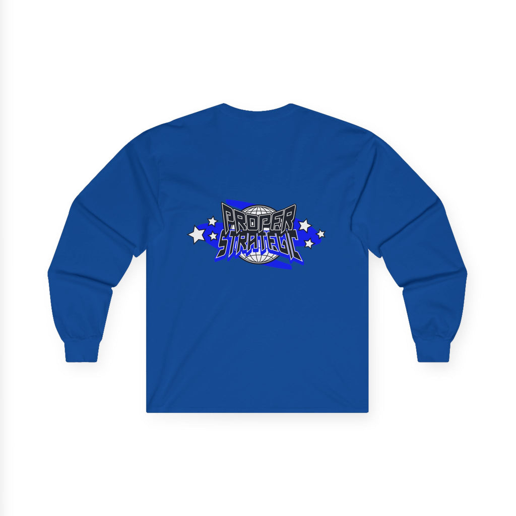 Proper Strategic Long Sleeve Tee — Retro Blue Graphic Shirt for Gamers & Strategists