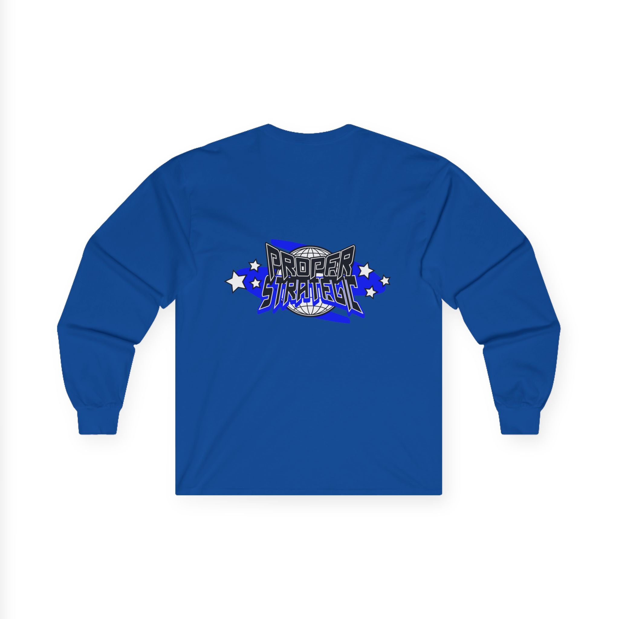 Proper Strategic Long Sleeve Tee — Retro Blue Graphic Shirt for Gamers & Strategists
