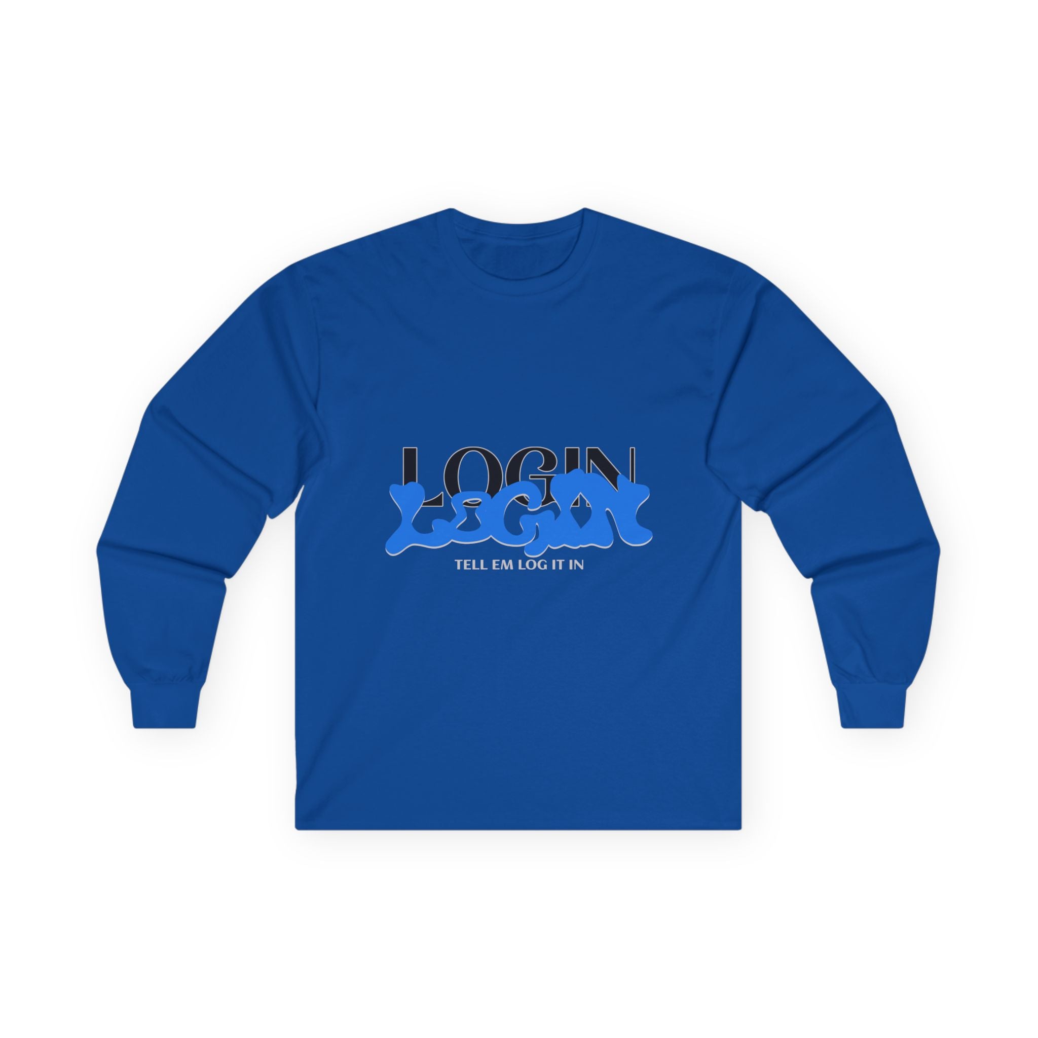 Long Sleeve Tee — "Login" Blue Script Graphic