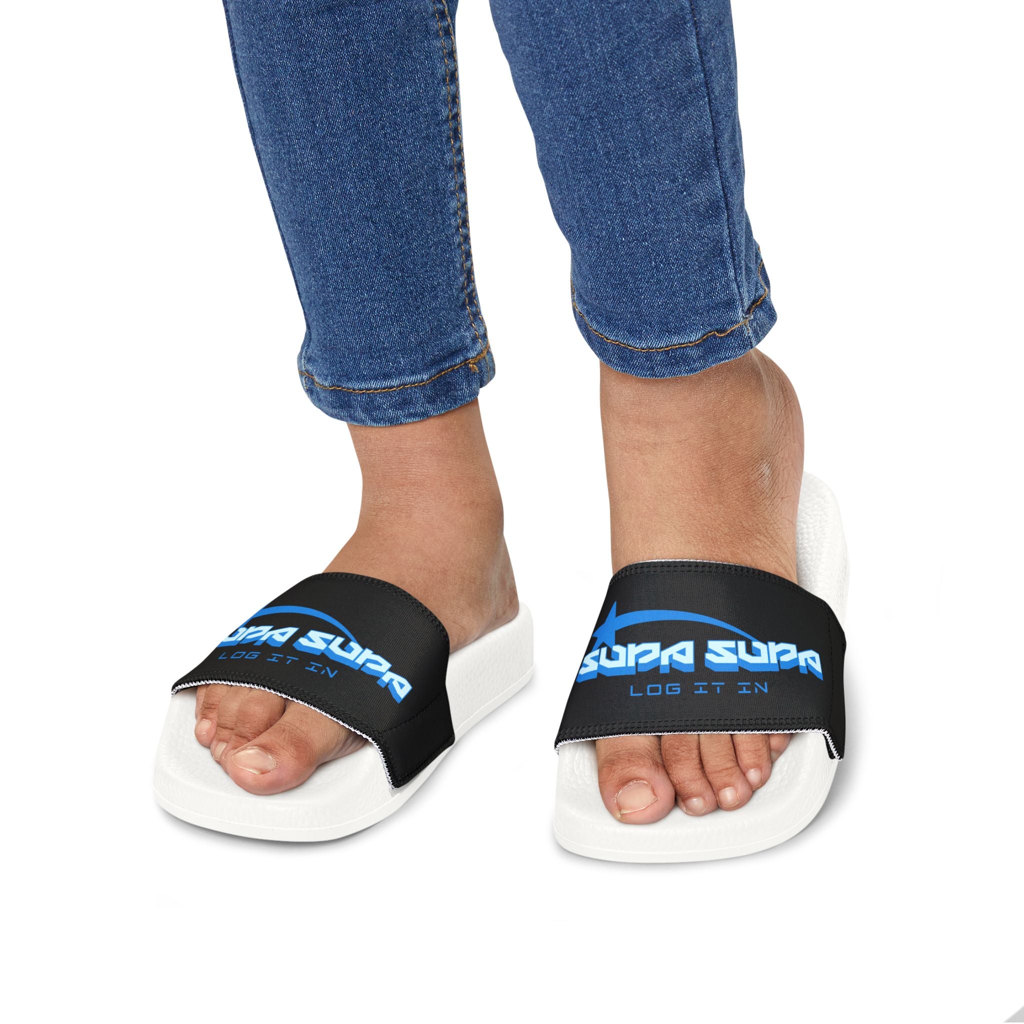 Youth Slide Sandals — Black Strap with Blue “SUPA SUPA” Logo