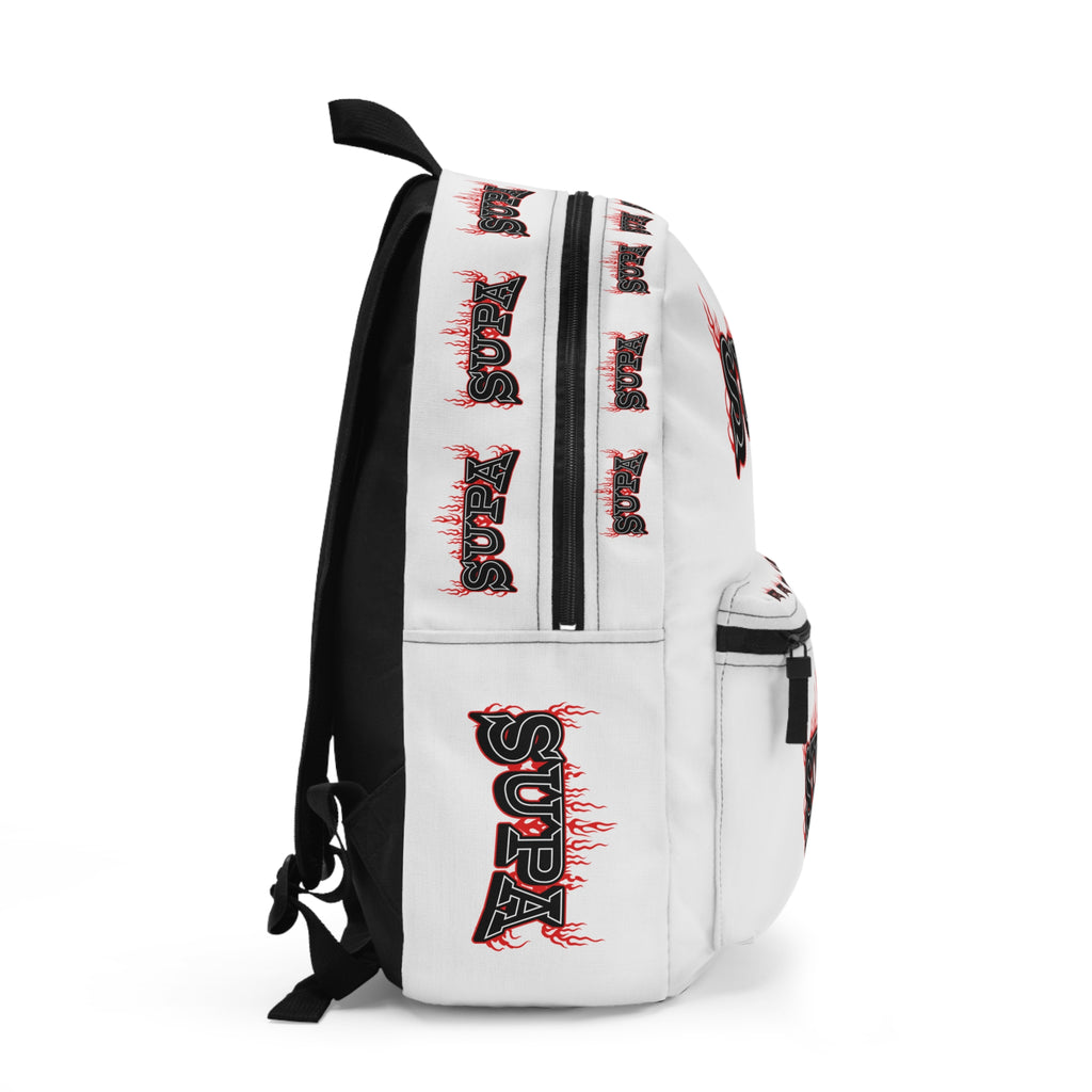 Supa Flame Graphic Backpack – White Streetwear Pack with 'SUPA' Flame Logo