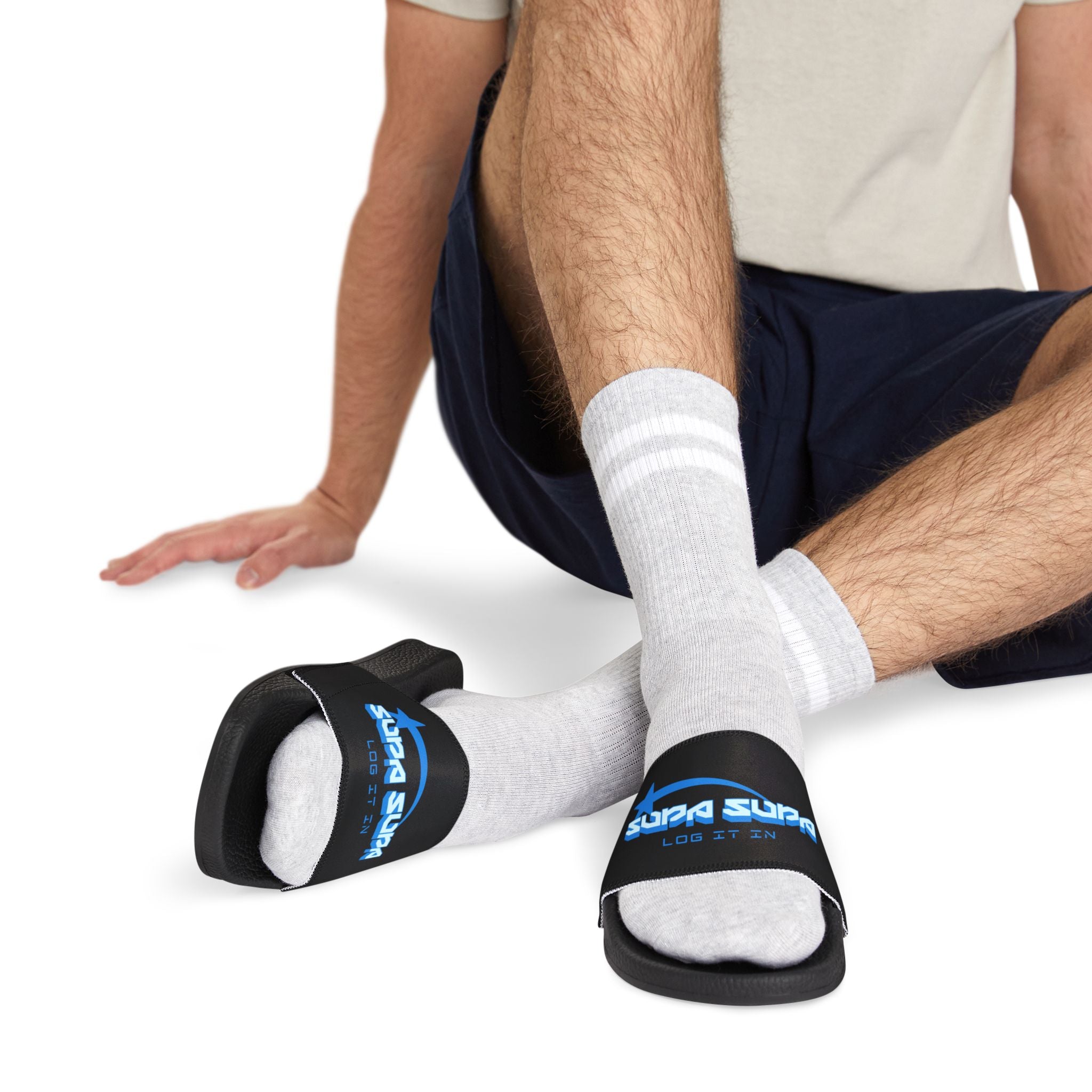 Slide Sandals — Men’s Removable‑Strap Athletic "SUPA SUPA" Slides with Blue Logo