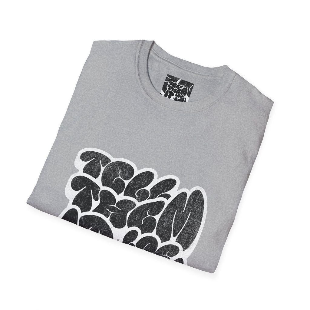 Abstract Bubble Letter Graphic "LOG IT IN" T-Shirt — Vintage Black Text Design