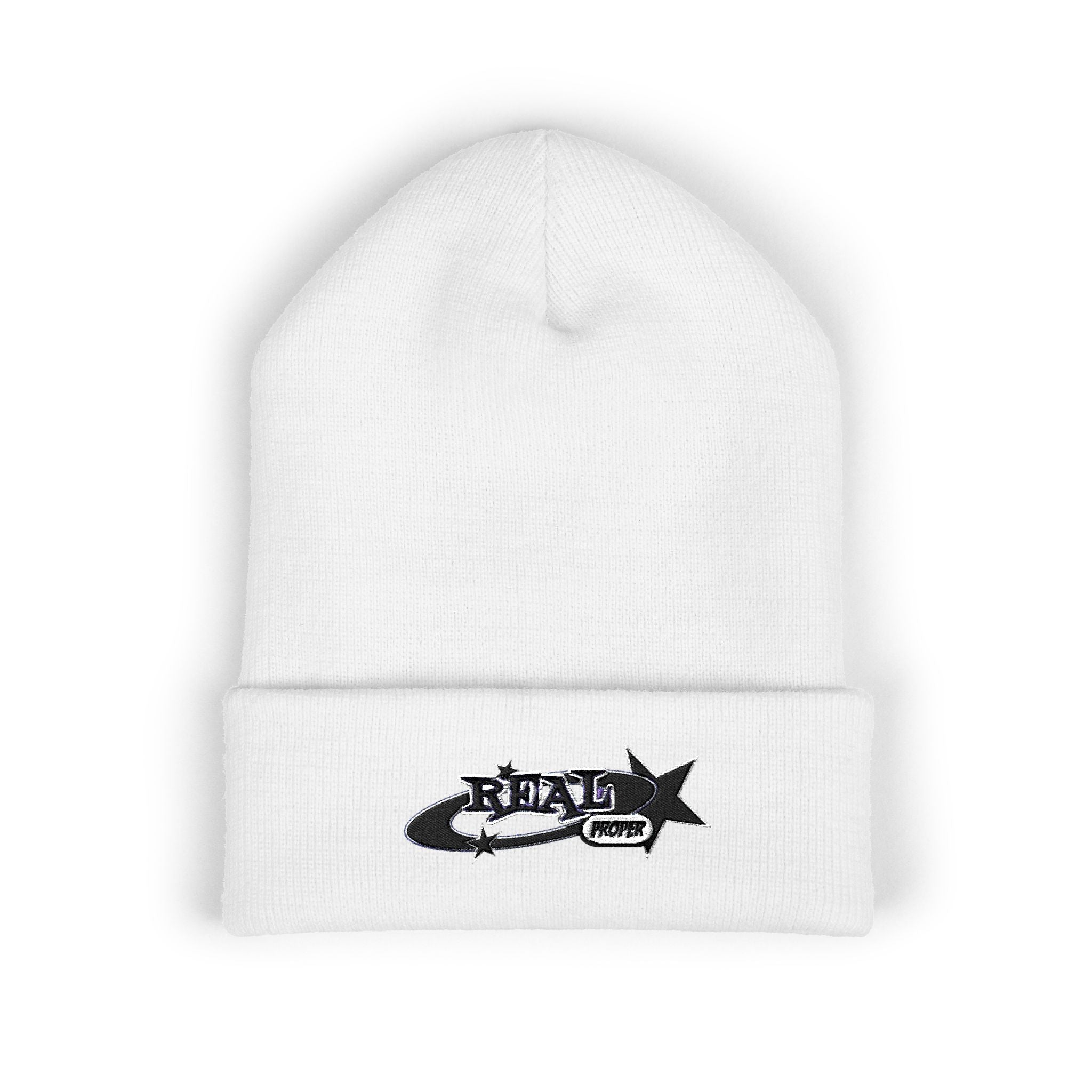 Embroidered 'Real Properl' Star Cuffed Beanie — Classic Winter Knit Hat