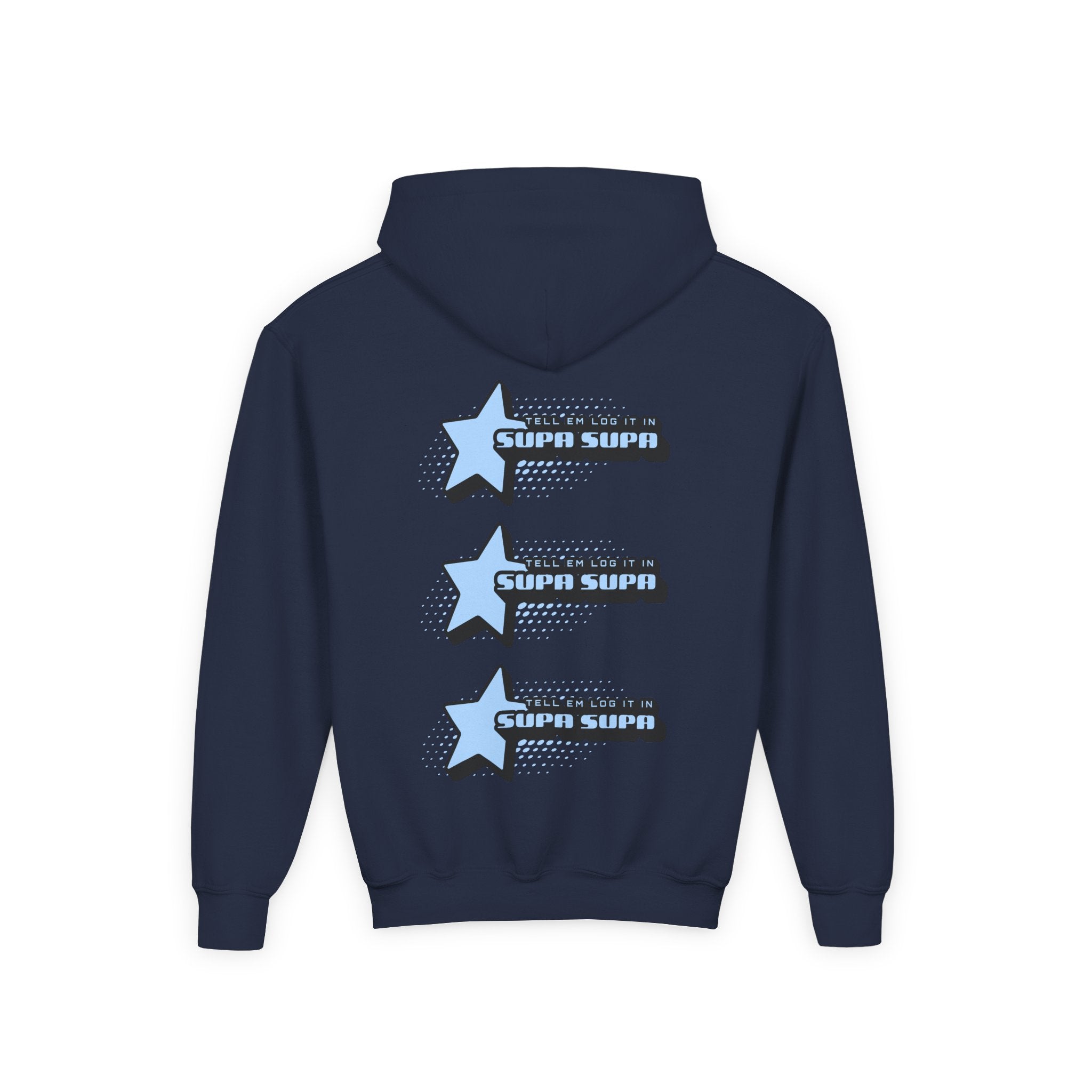 Youth Hoodie — Blue Star "SUPA SUPA" Graphic Pullover