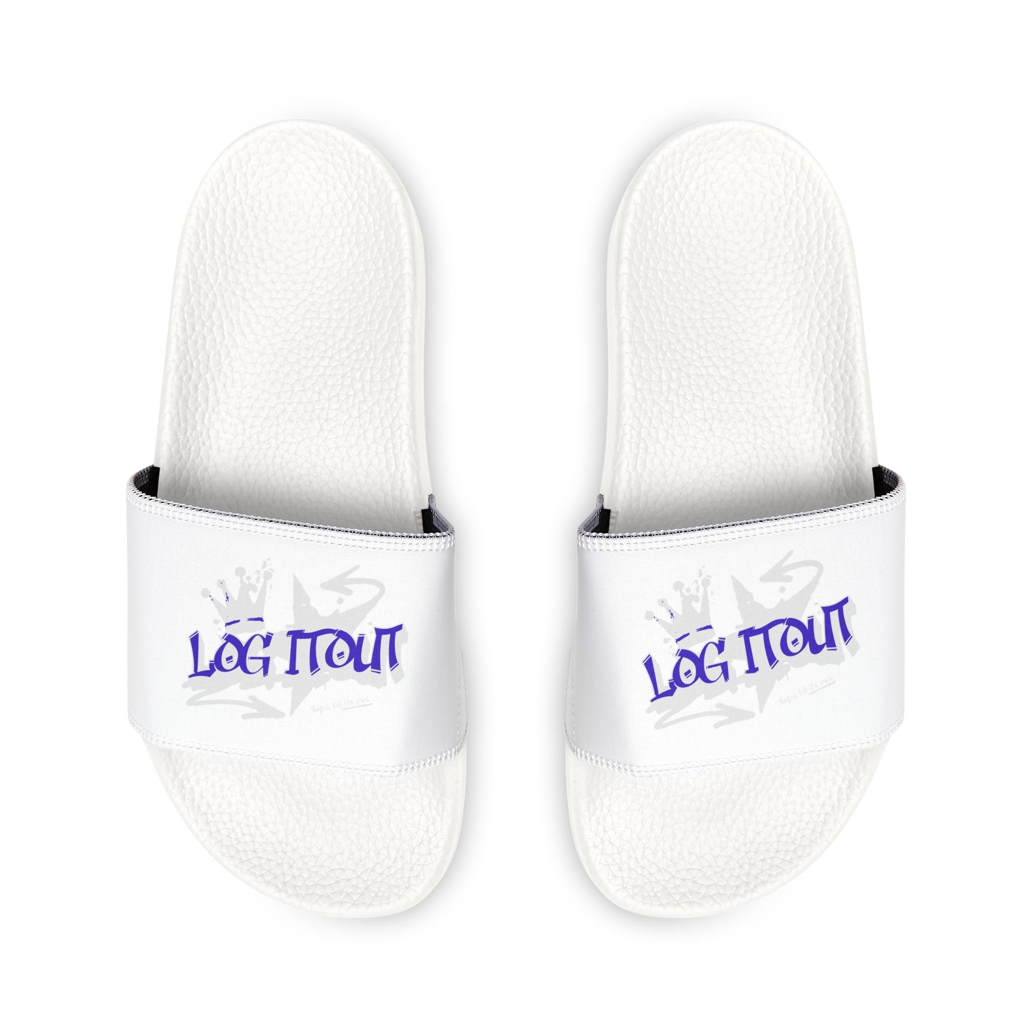 Slide Sandals — White Removable‑Strap Slides with 'Log It Out' Graphic