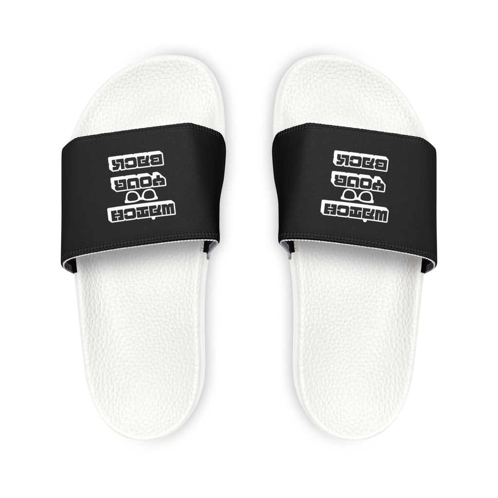 Mens Slide Sandals — Black Strap Slides with Retro "Watch your back" Logo