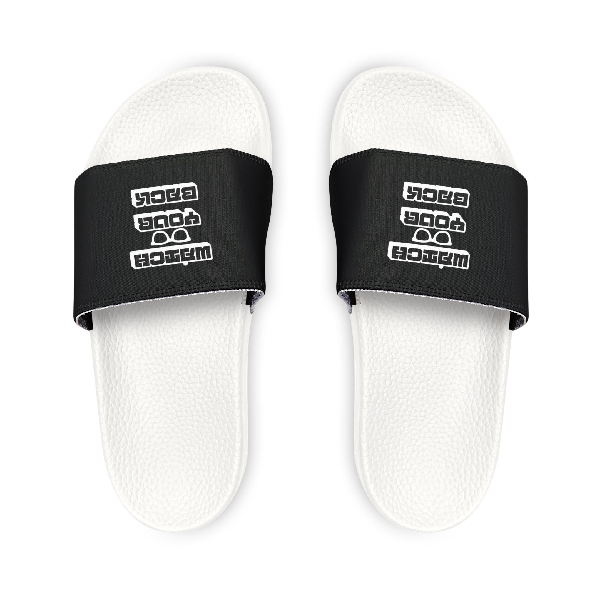 Mens Slide Sandals — Black Strap Slides with Retro "Watch your back" Logo