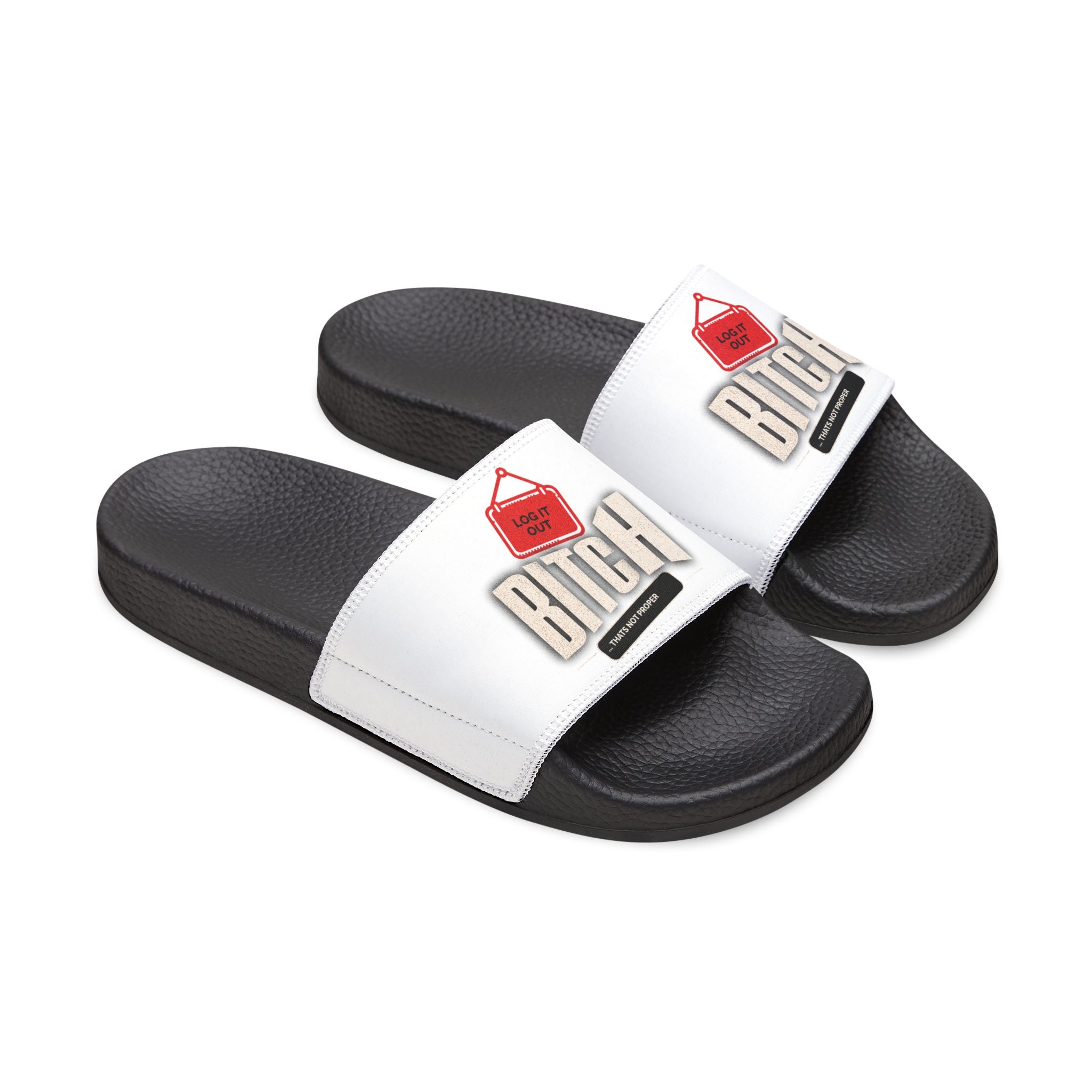 Mens Slide Sandals — White ‘Log it out’ Bold Graphic Strap Slides