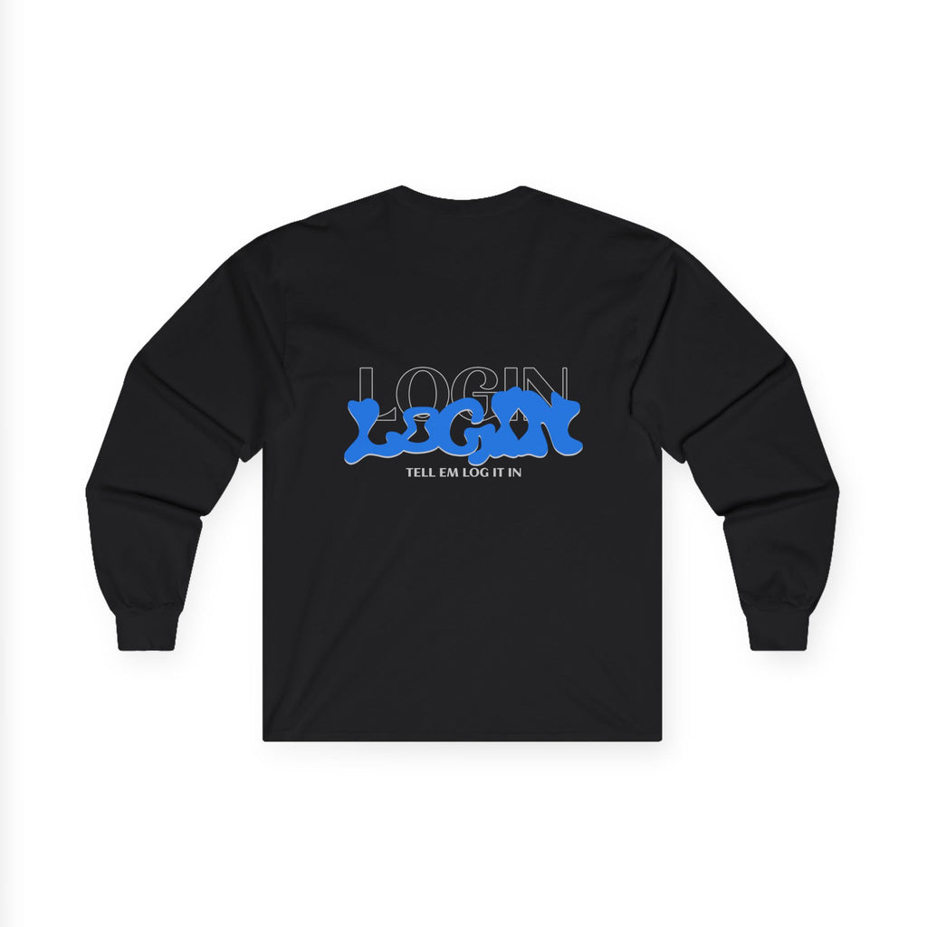 Long Sleeve Tee — "Login" Blue Script Graphic