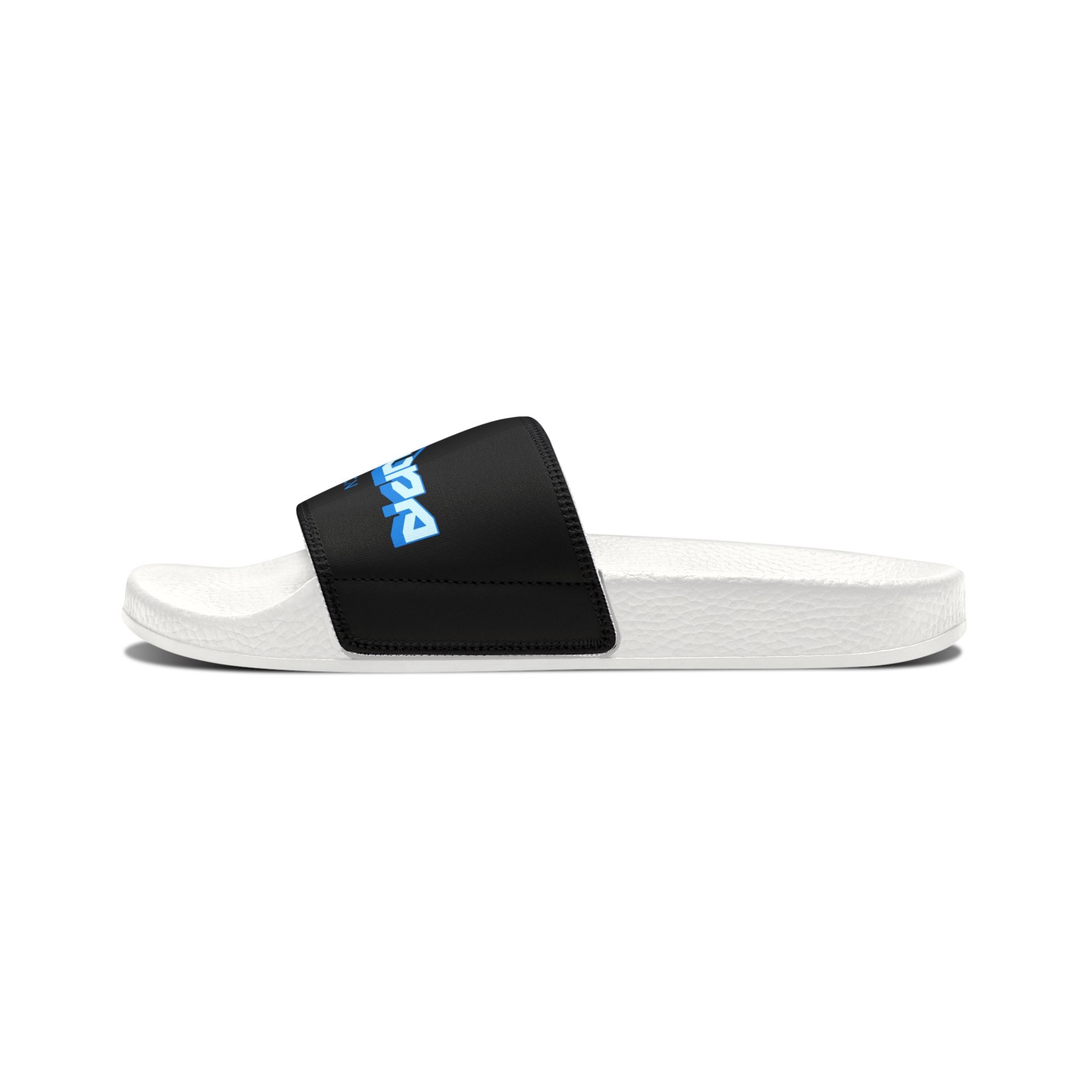 Youth Slide Sandals — Black Strap with Blue “SUPA SUPA” Logo