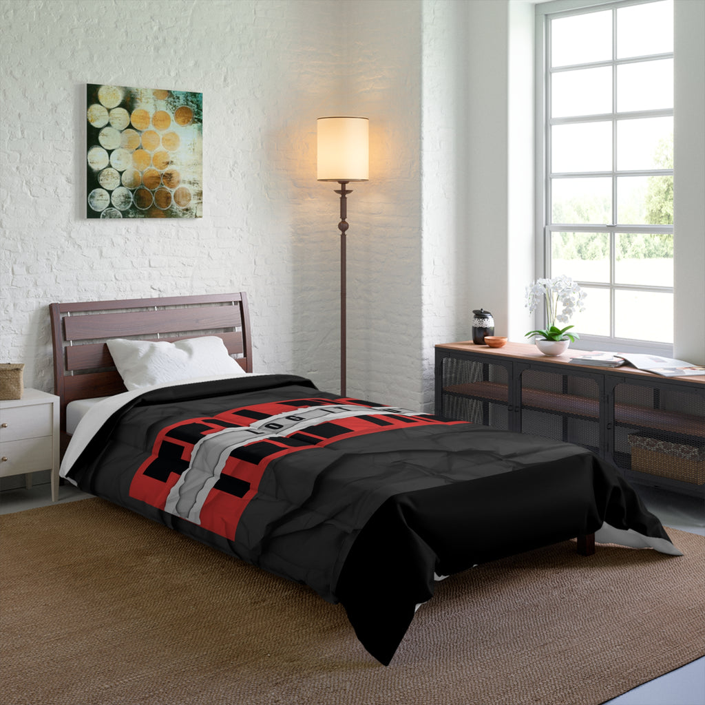 Log It Out Comforter – Bold Black & Red Graphic Bedding