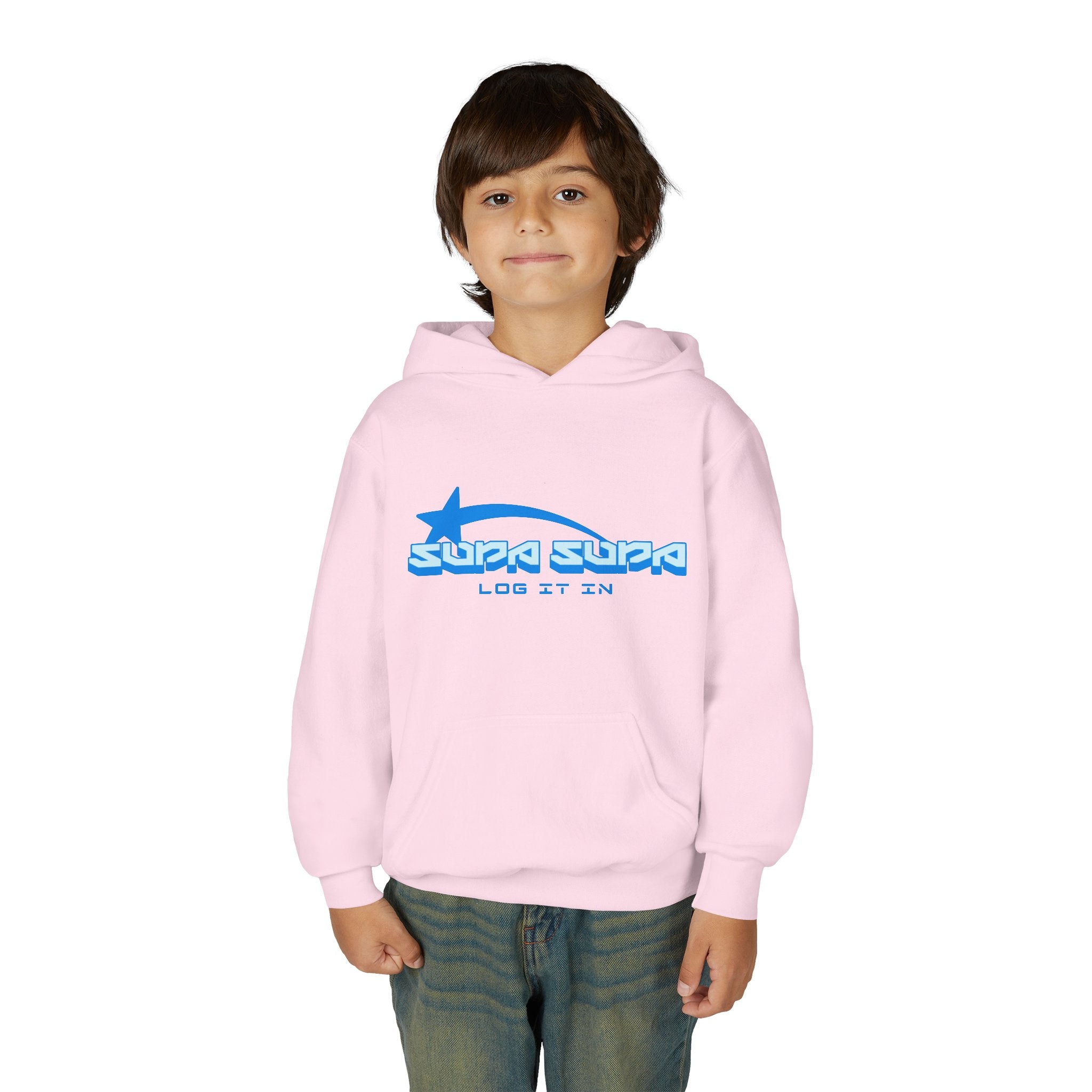 Youth Hoodie - Retro Blue "Supa Supa" Logo "Log It In" Graphic