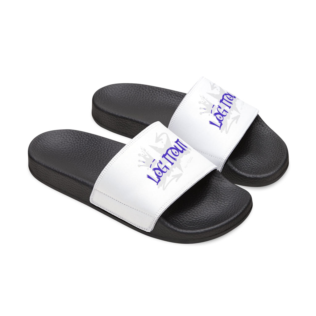 Men's Slide Sandals — White Removable-Strap Slides with 'Log it out' Graphic