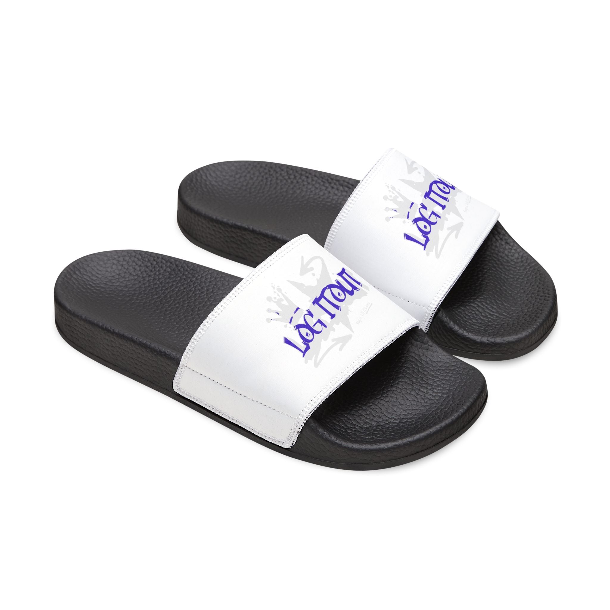 Men's Slide Sandals — White Removable-Strap Slides with 'Log it out' Graphic