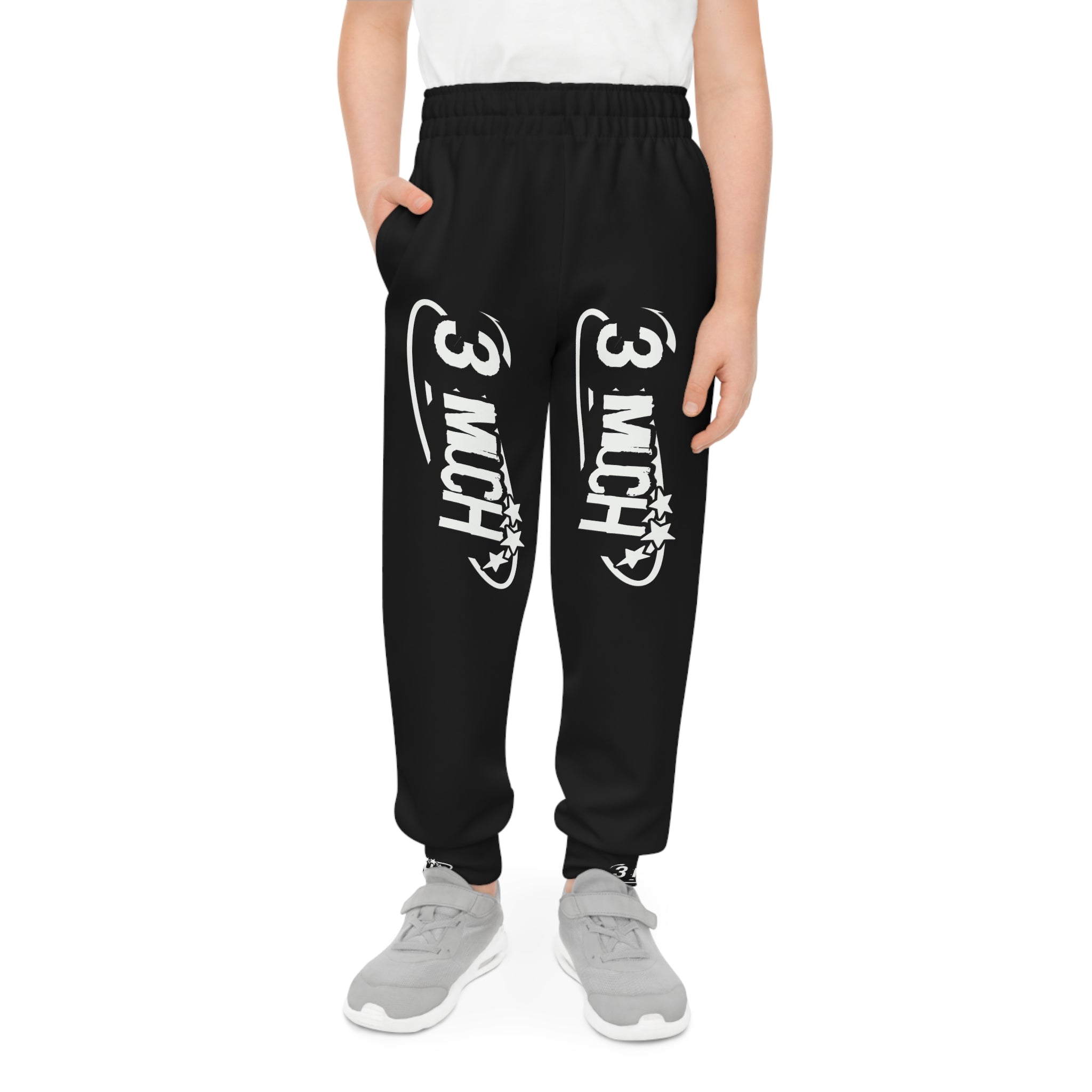 Youth Joggers — Black “3 MUCH” Graphic Sweatpants for Kids