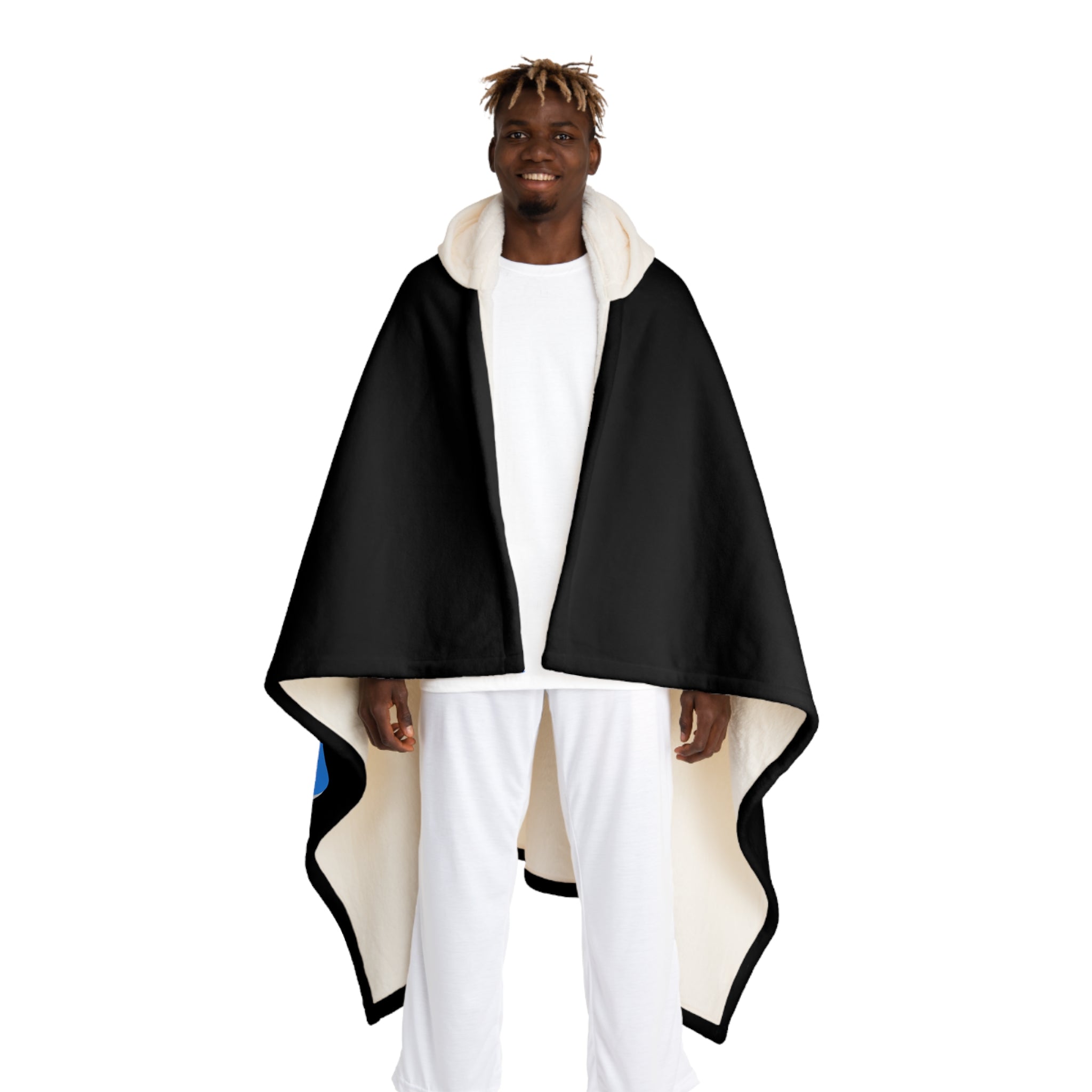 Hooded Sherpa Blanket – Black with Blue Login Print Cozy Throw